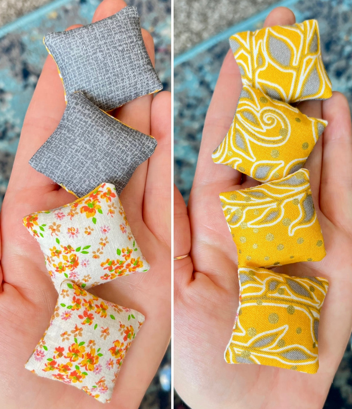 Two sets of fabric doll pillows in gray, floral, and yellow patterns held in hands.