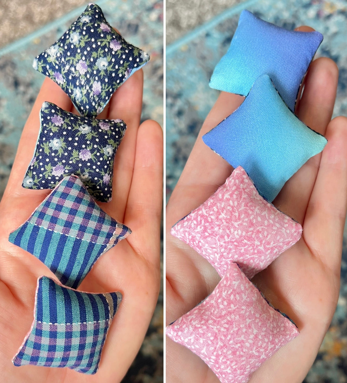 Miniature fabric pillows in various patterns held in hands.