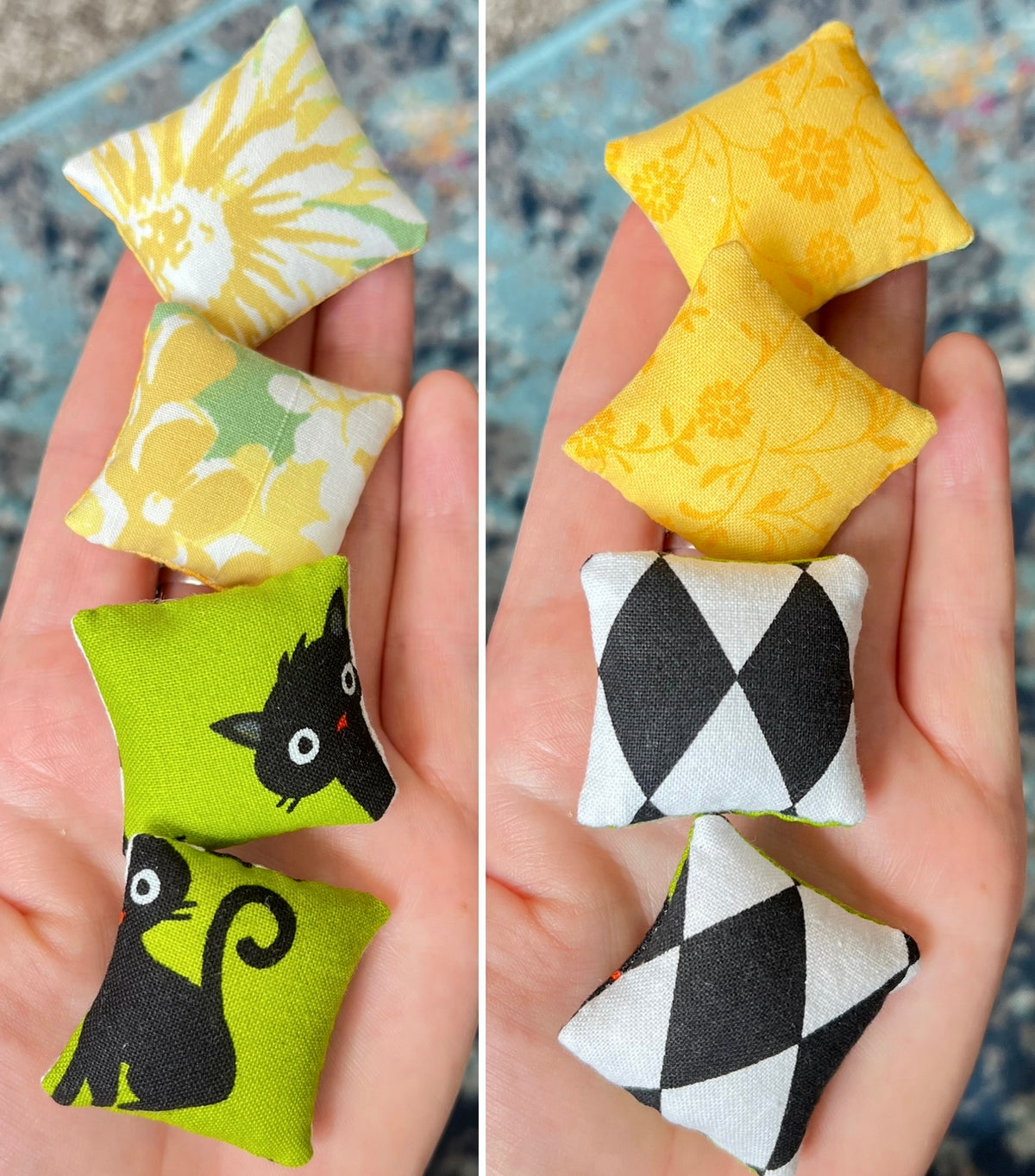 Small fabric pillows with various patterns held in hands