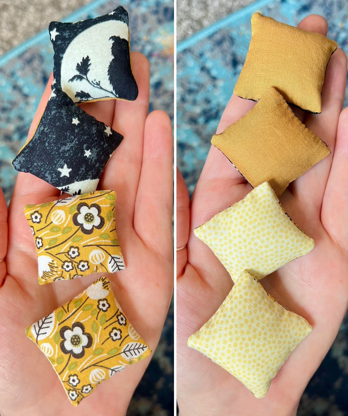 Small fabric pillows in various patterns held in hands against a textured background.