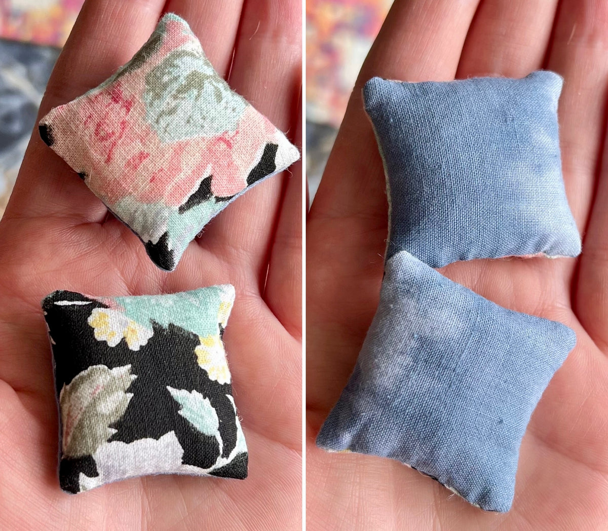 Two small fabric pillows with different patterns front and back held in a hand.