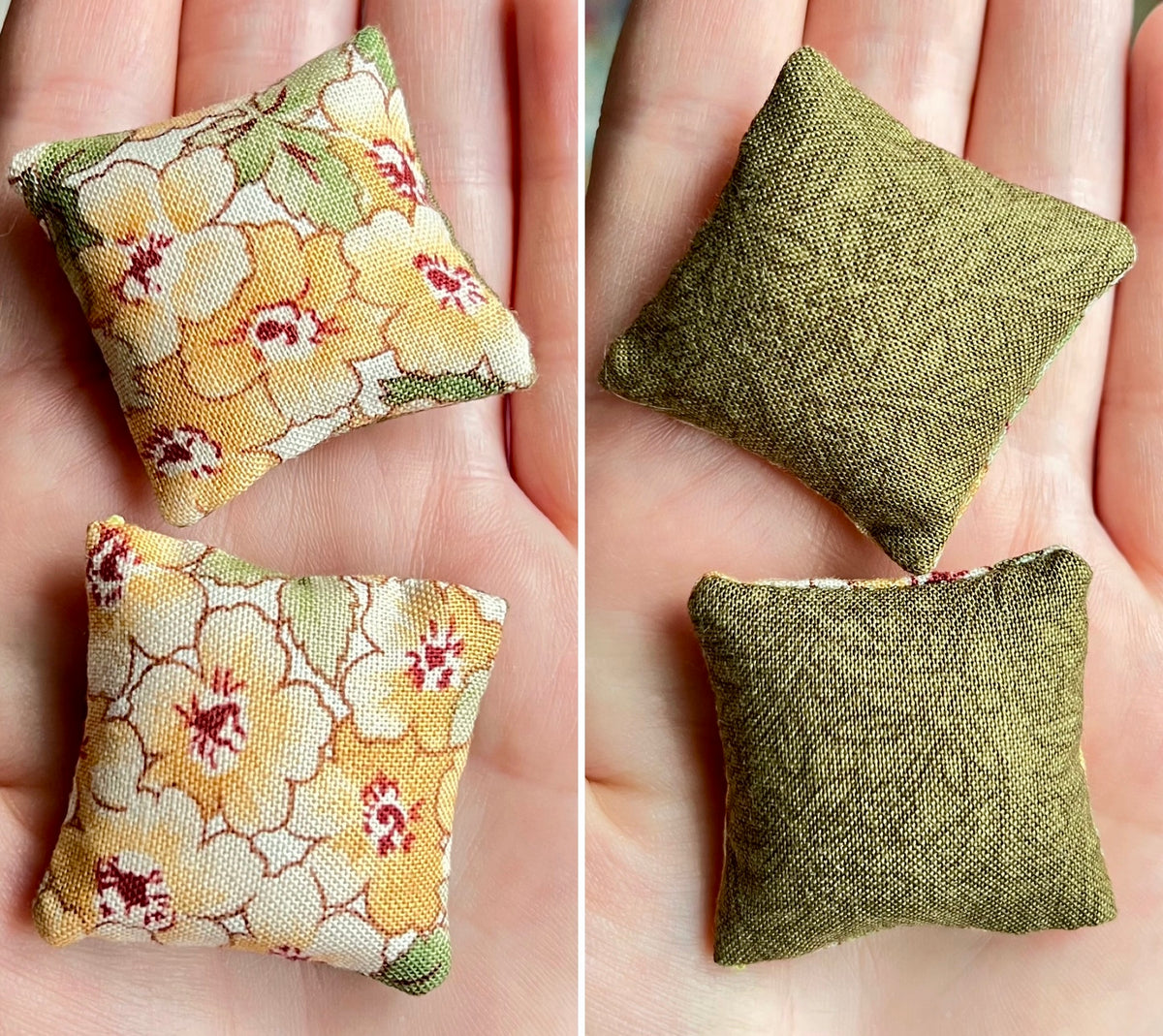 Two small fabric pillows, front is floral and back is green, held in hands.