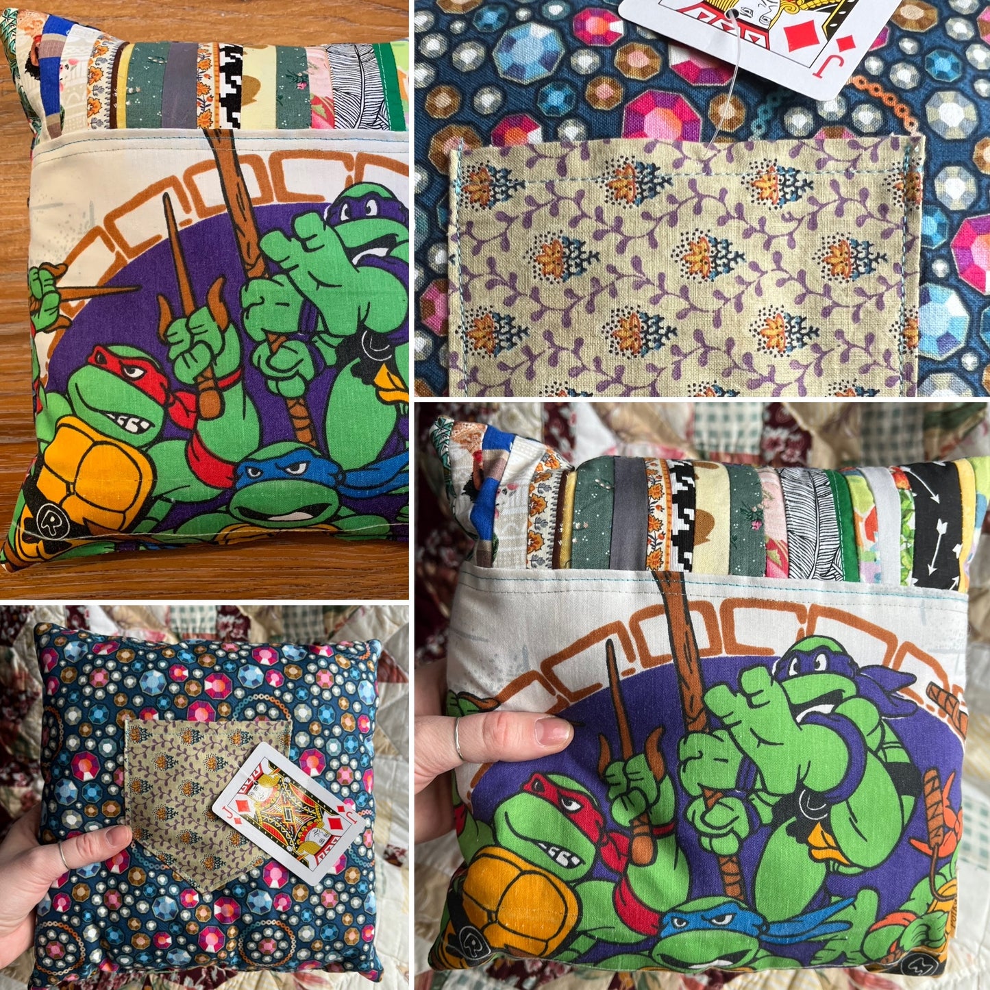 Tooth fairy pillow, views of front back, pillow closeup and held in hand for scale. Teenage mutant ninja turtles