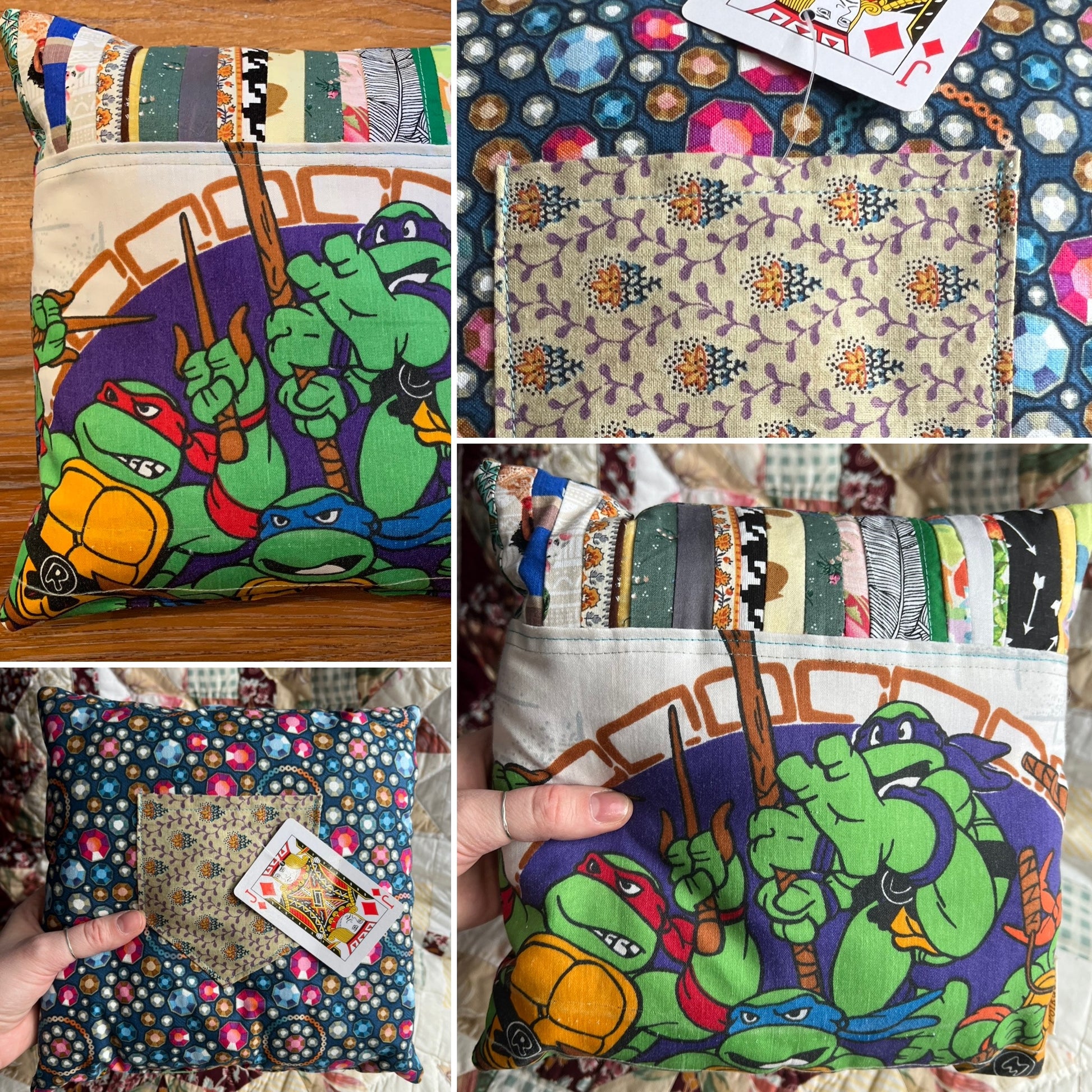 Tooth fairy pillow, views of front back, pillow closeup and held in hand for scale. Teenage mutant ninja turtles