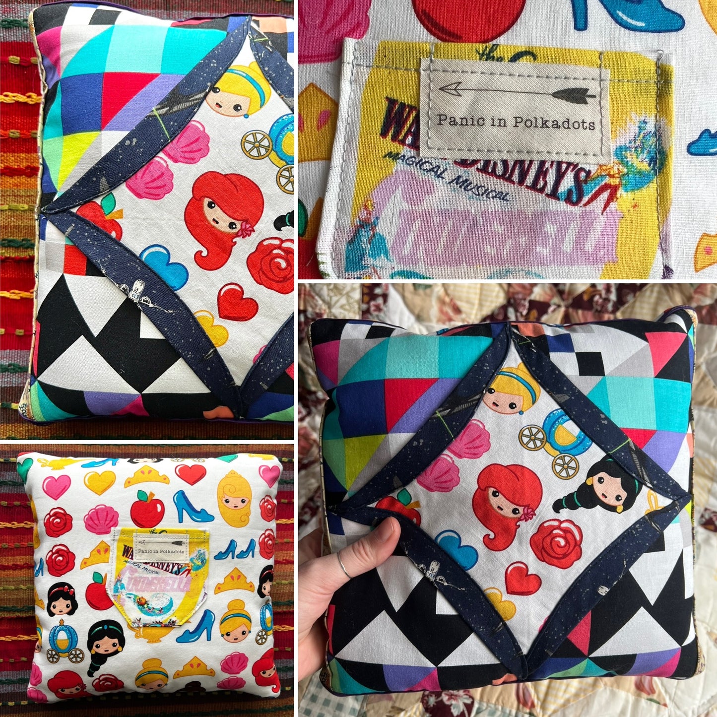 Tooth fairy pillow, views of front back, pillow closeup and held in hand for scale. 