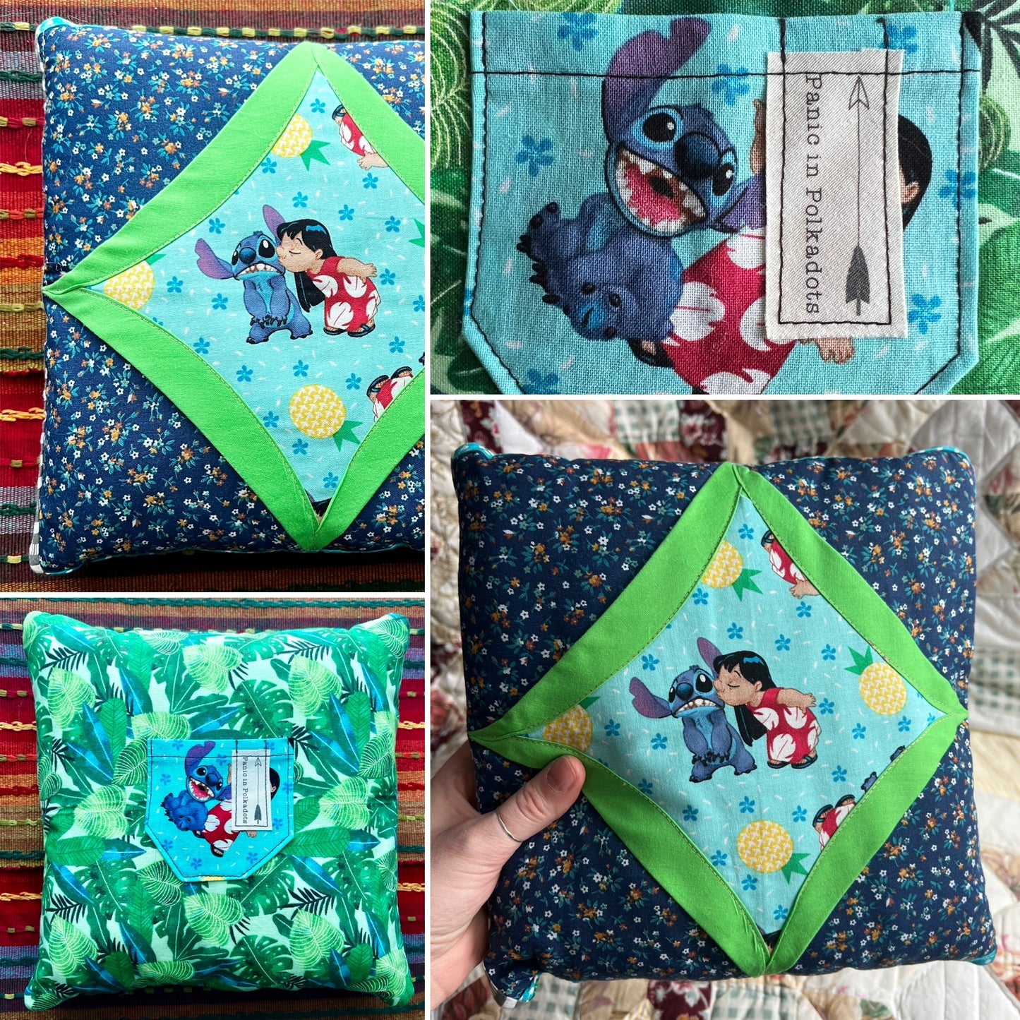 Tooth fairy pillow, views of front back, pillow closeup and held in hand for scale. 