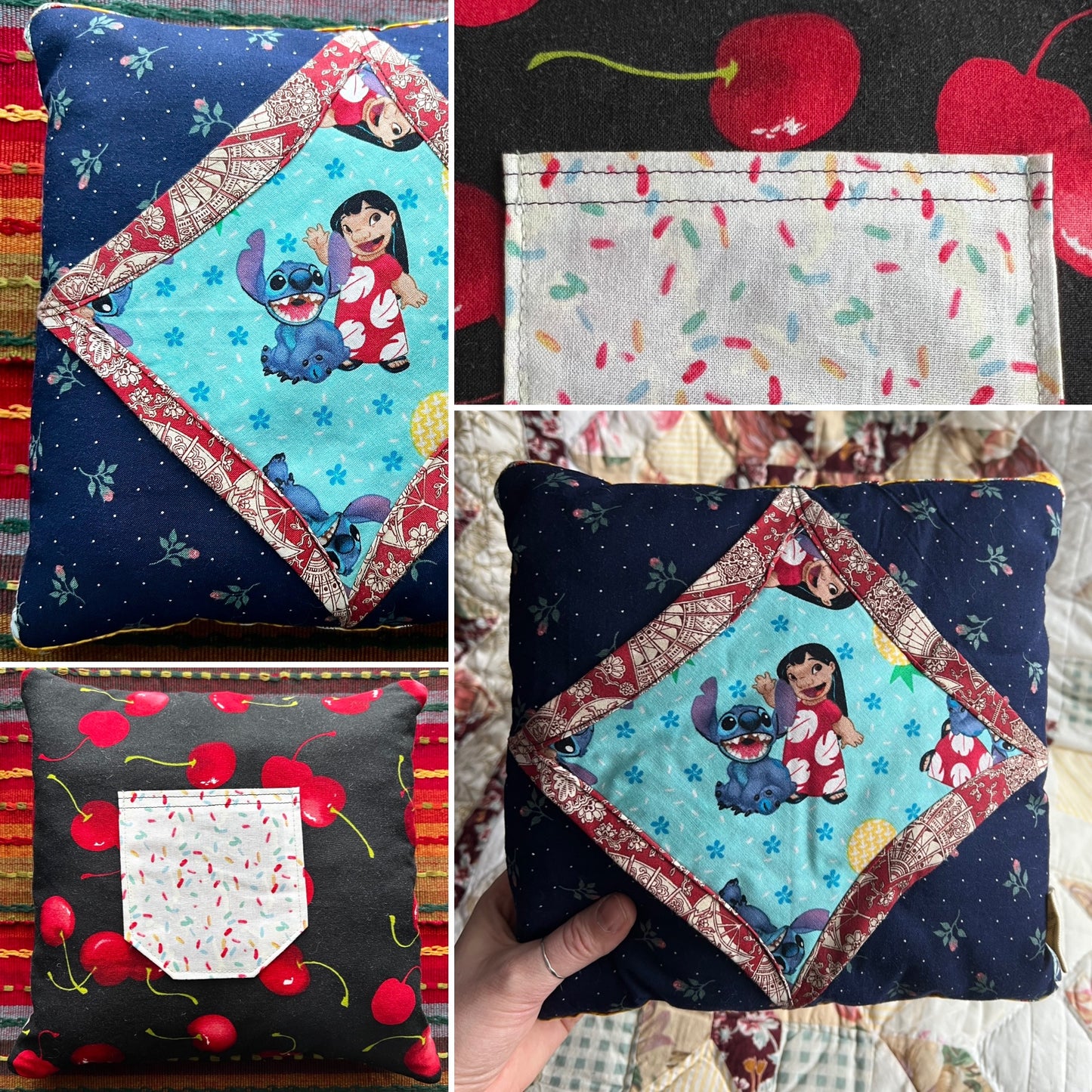 Tooth fairy pillow, views of front back, pillow closeup and held in hand for scale. 