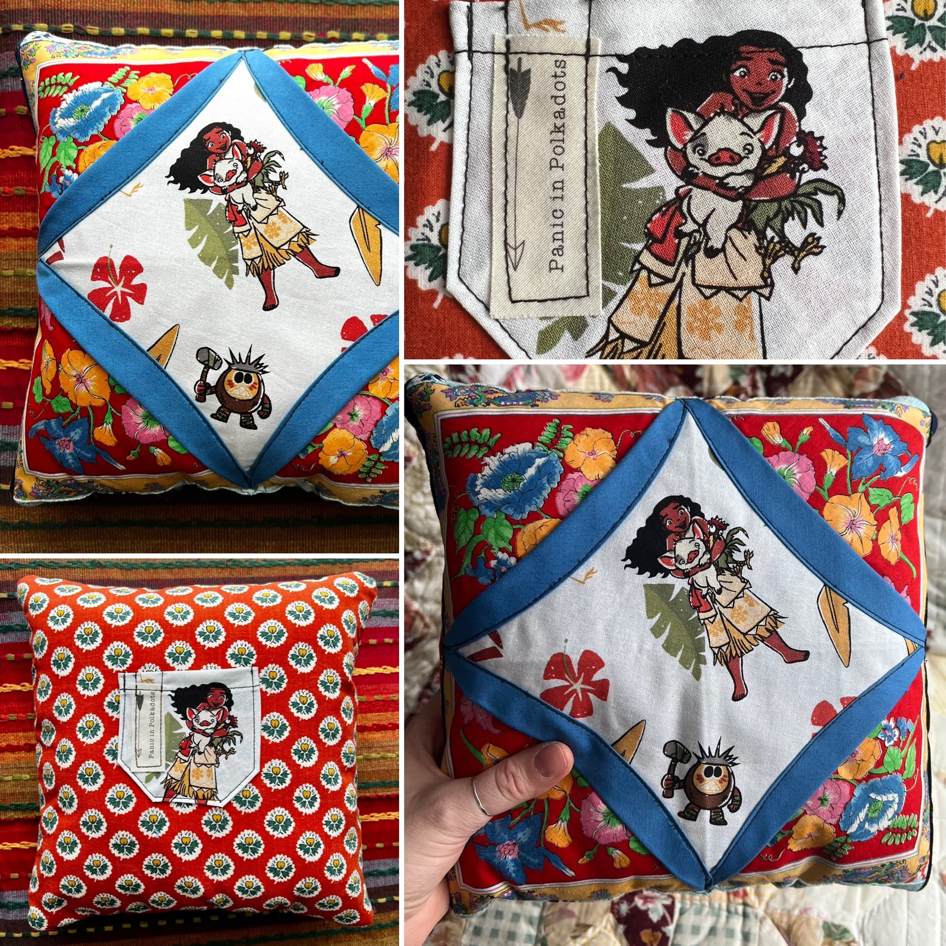 Tooth fairy pillow, views of front back, pillow closeup and held in hand for scale. 