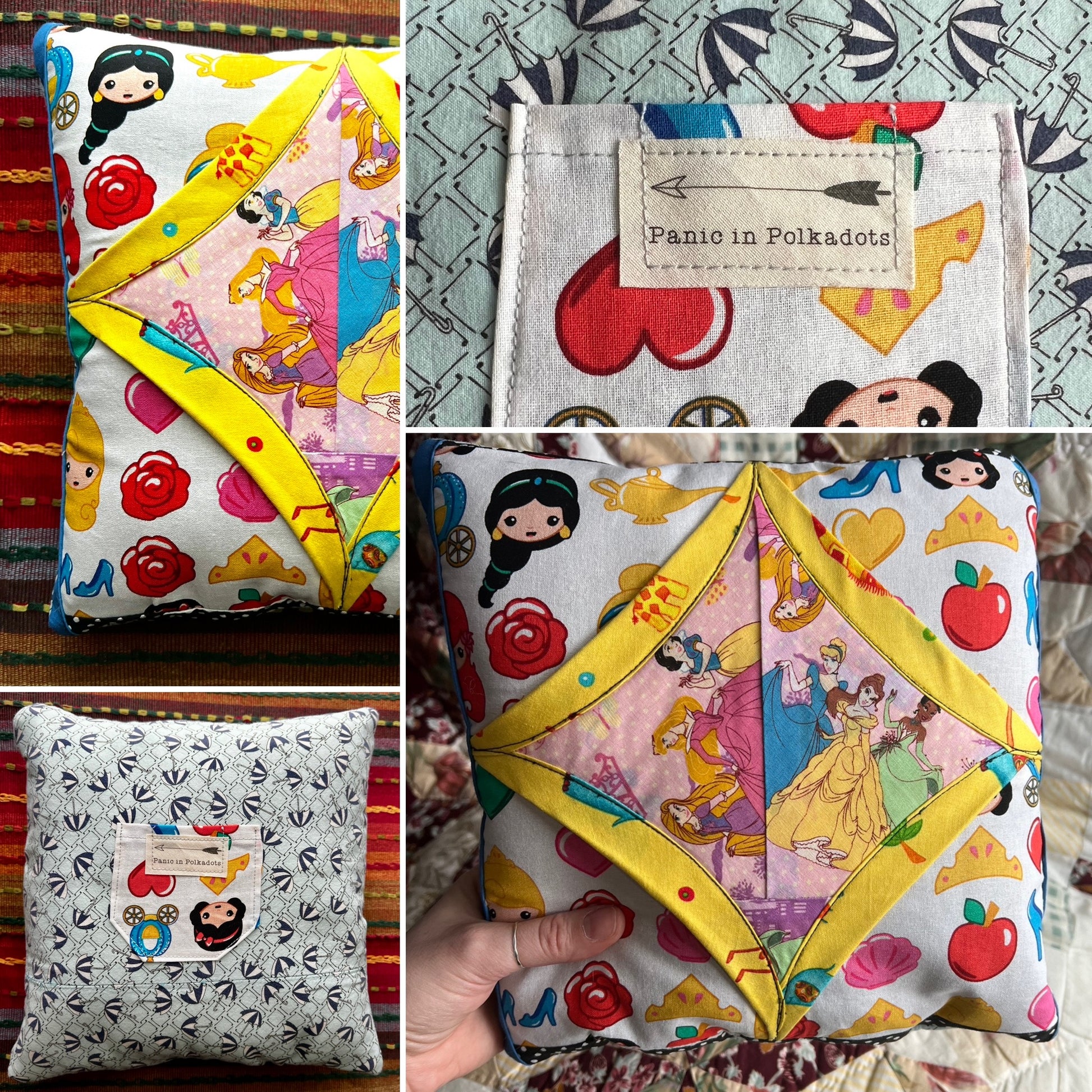 Tooth fairy pillow, views of front back, pillow closeup and held in hand for scale. 