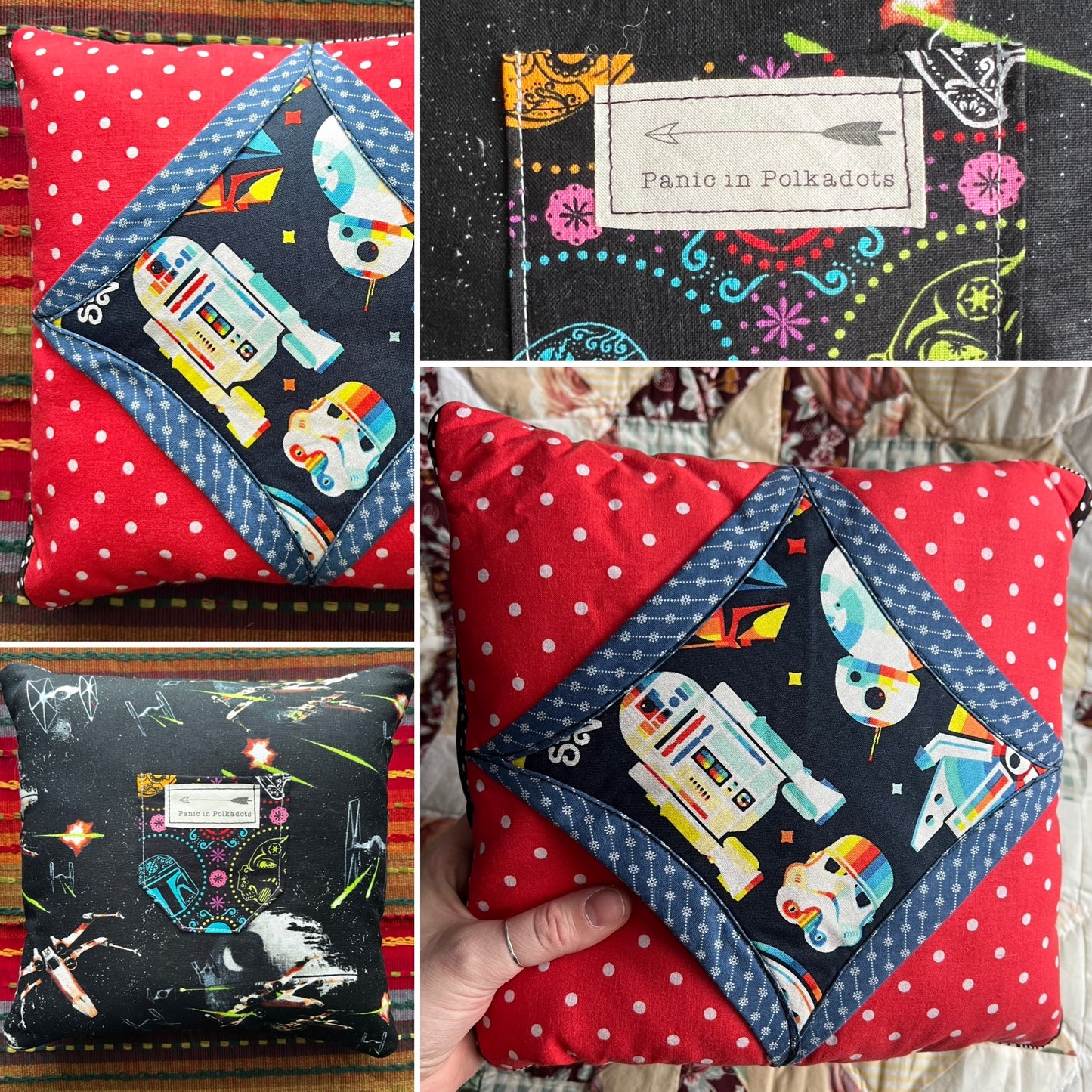 Tooth fairy pillow, views of front back, pillow closeup and held in hand for scale. 