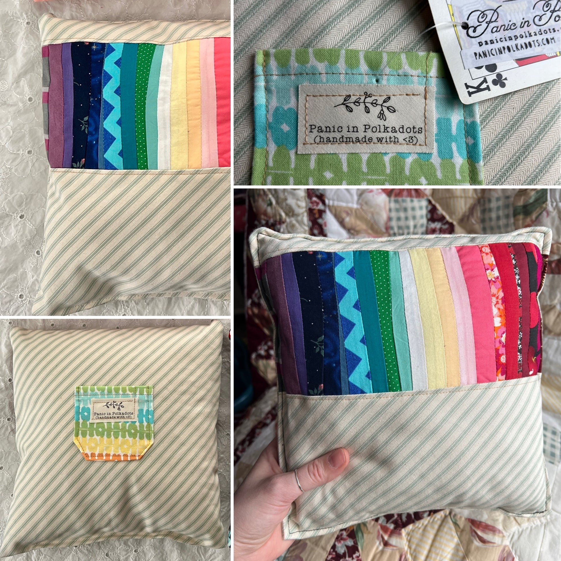 Tooth fairy pillow, views of front back, pillow closeup and held in hand for scale. 