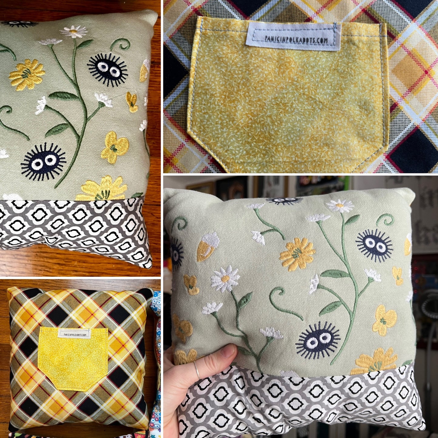 Tooth fairy pillow, views of front back, pillow closeup and held in hand for scale. 