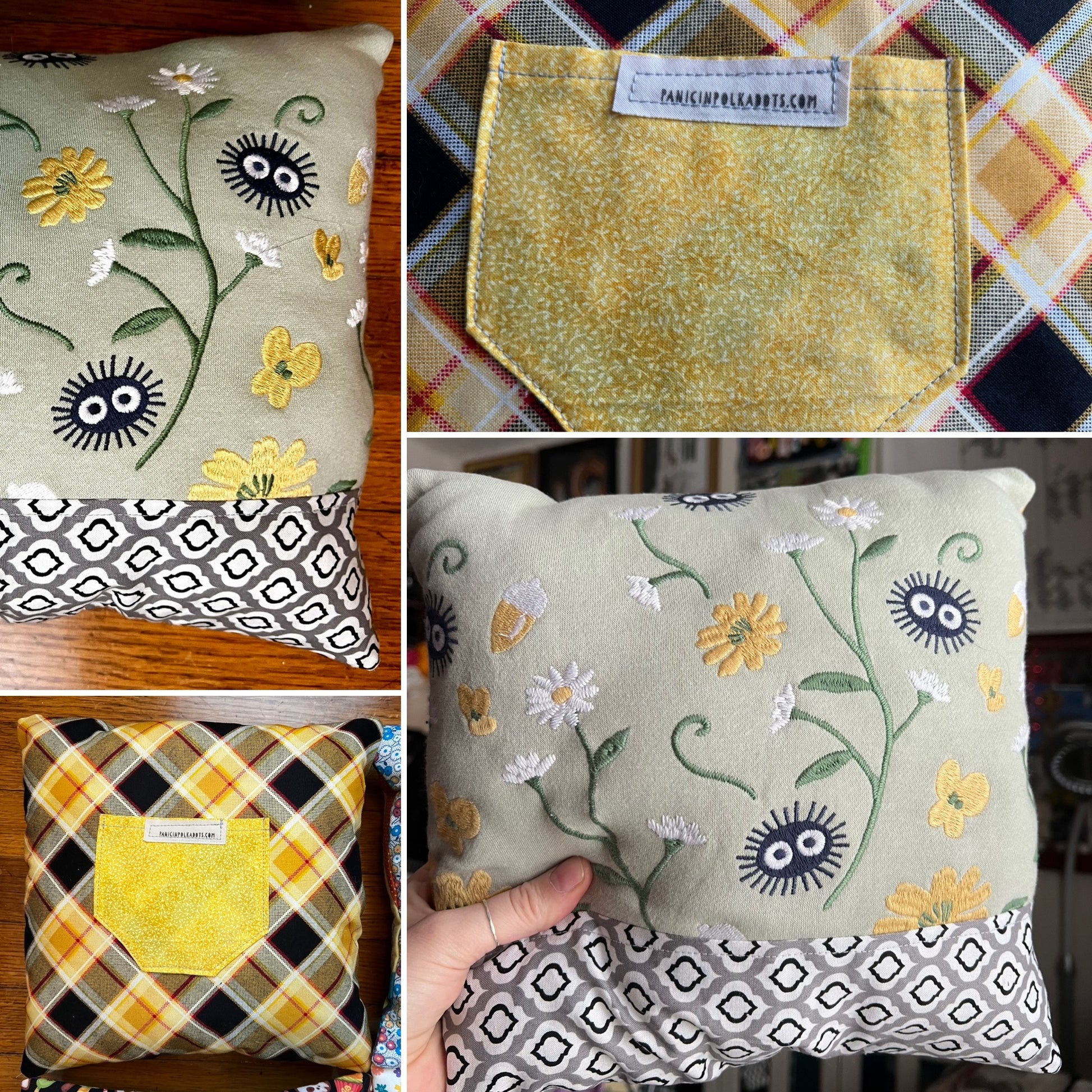 Tooth fairy pillow, views of front back, pillow closeup and held in hand for scale. 