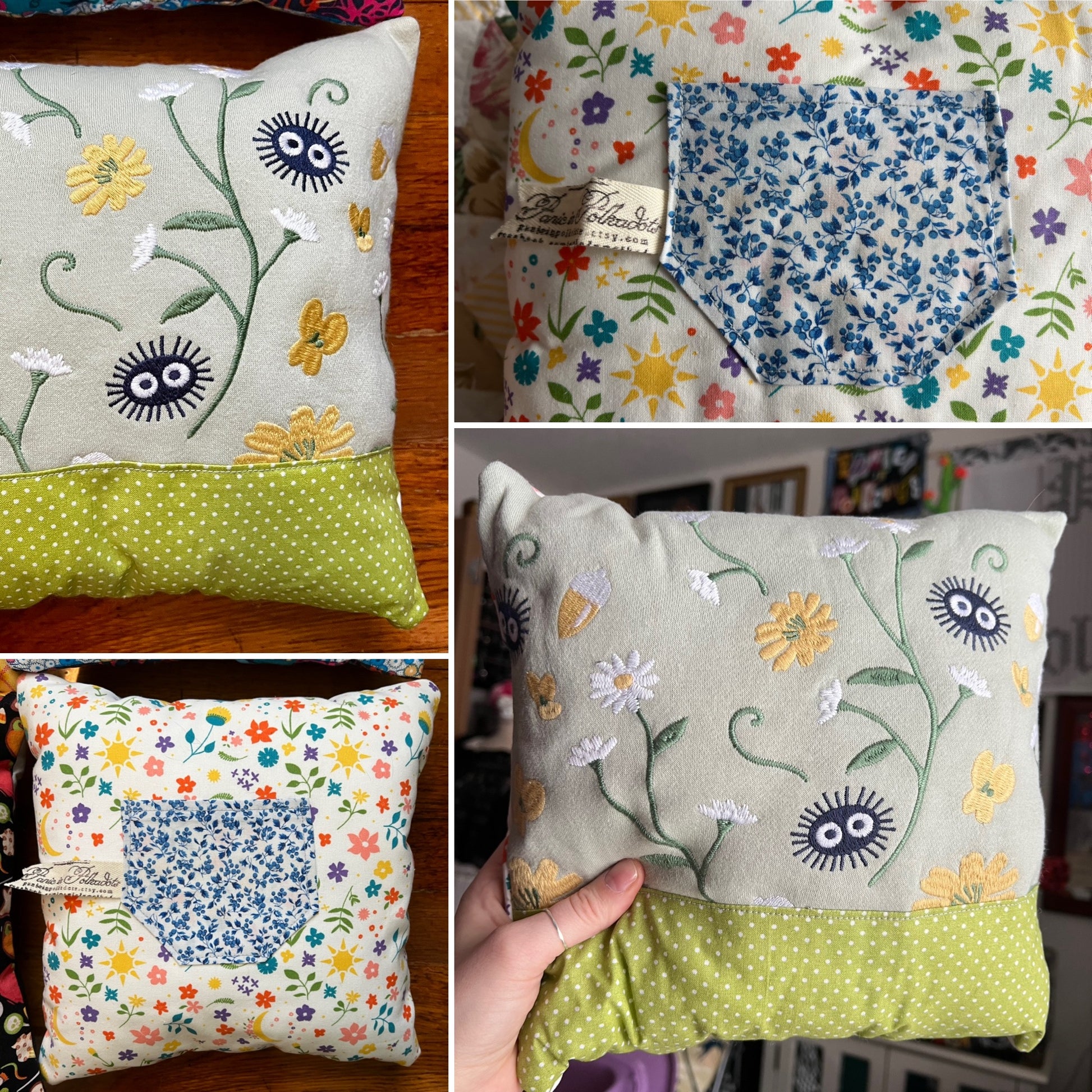 Tooth fairy pillow, views of front back, pillow closeup and held in hand for scale. 