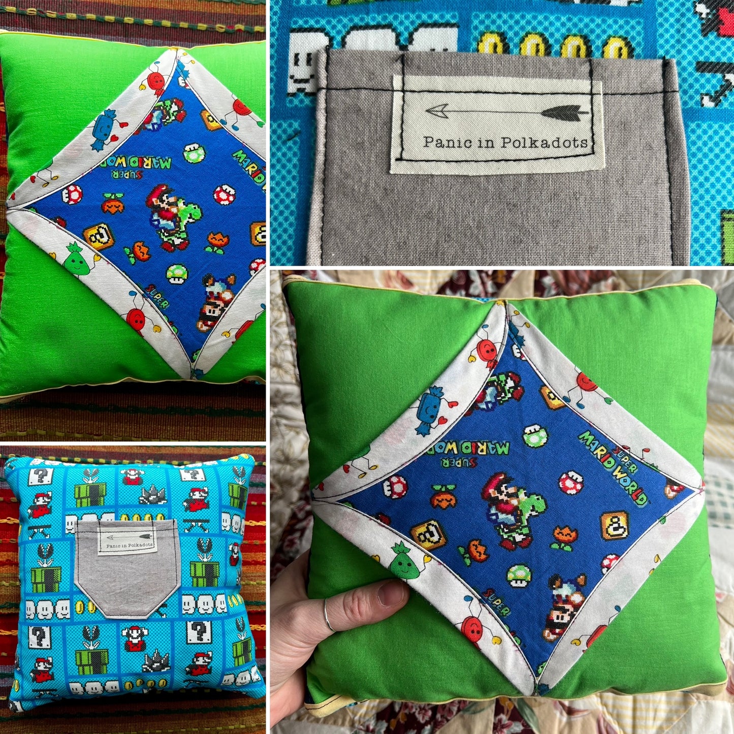 Tooth fairy pillow, views of front back, pillow closeup and held in hand for scale. 