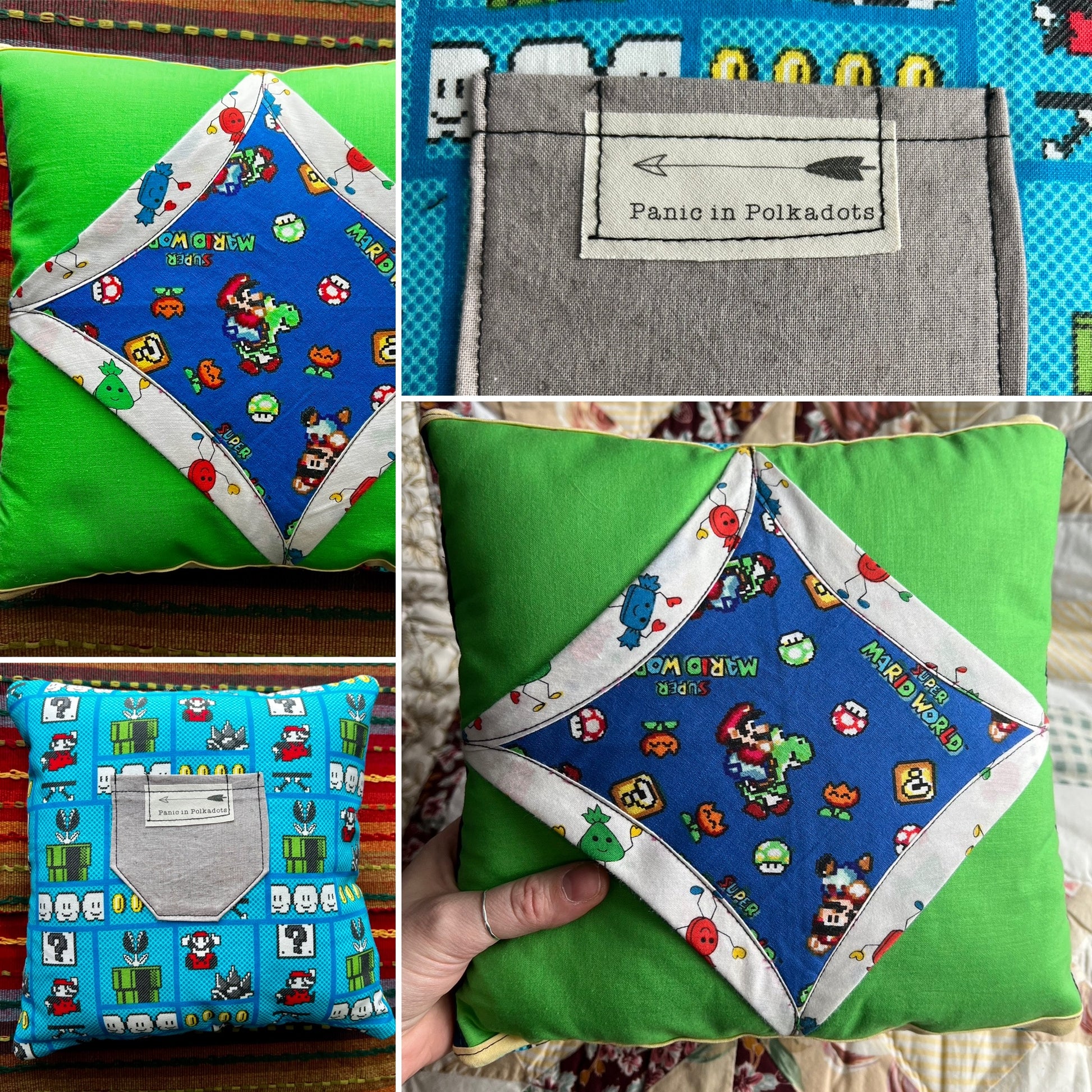 Tooth fairy pillow, views of front back, pillow closeup and held in hand for scale. 