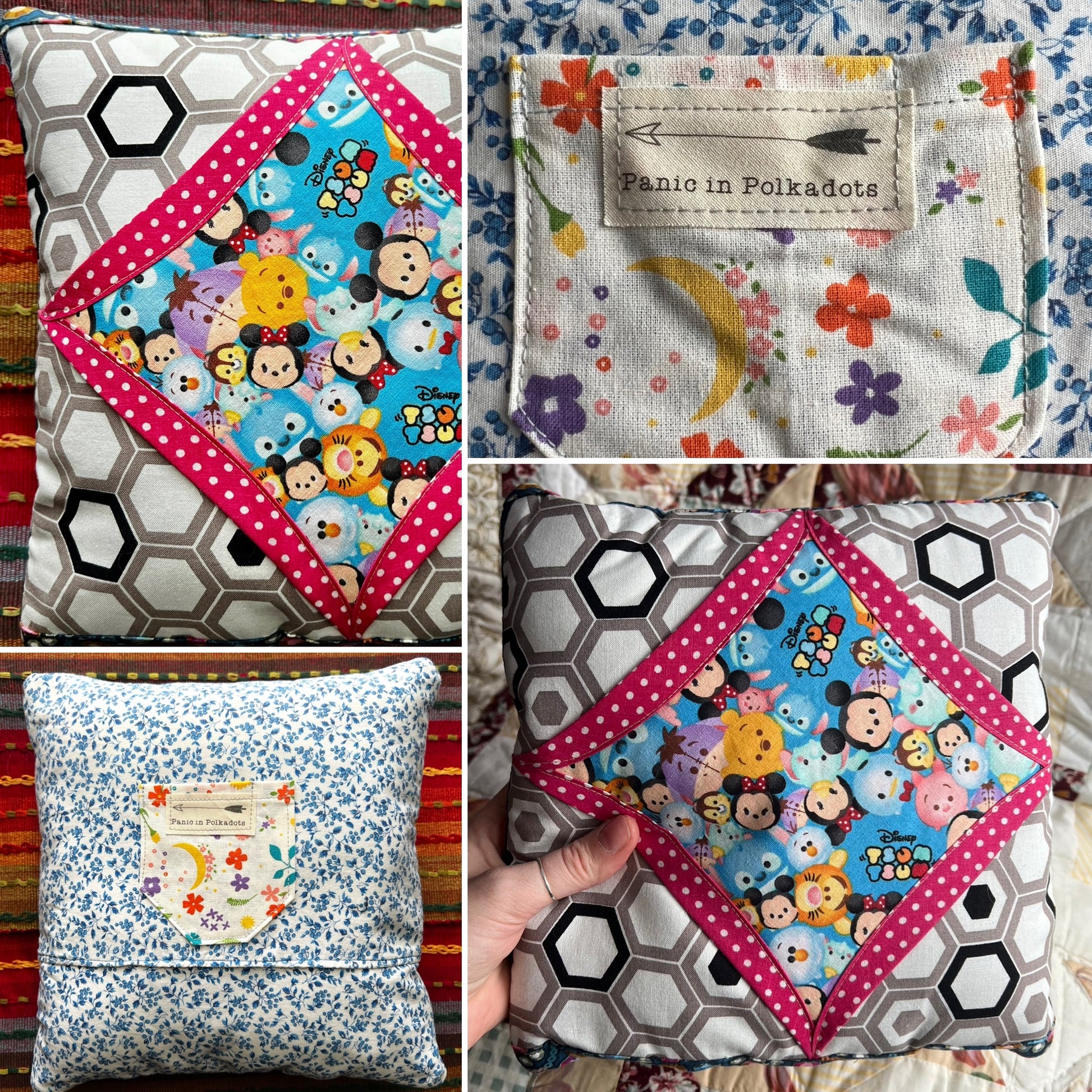 Tooth fairy pillow, views of front back, pillow closeup and held in hand for scale. 