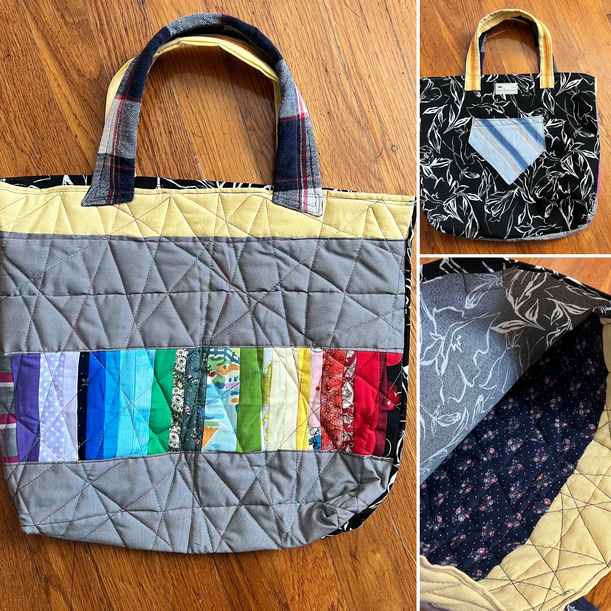 aerial view of rainbow quilted tote bag against a wood background