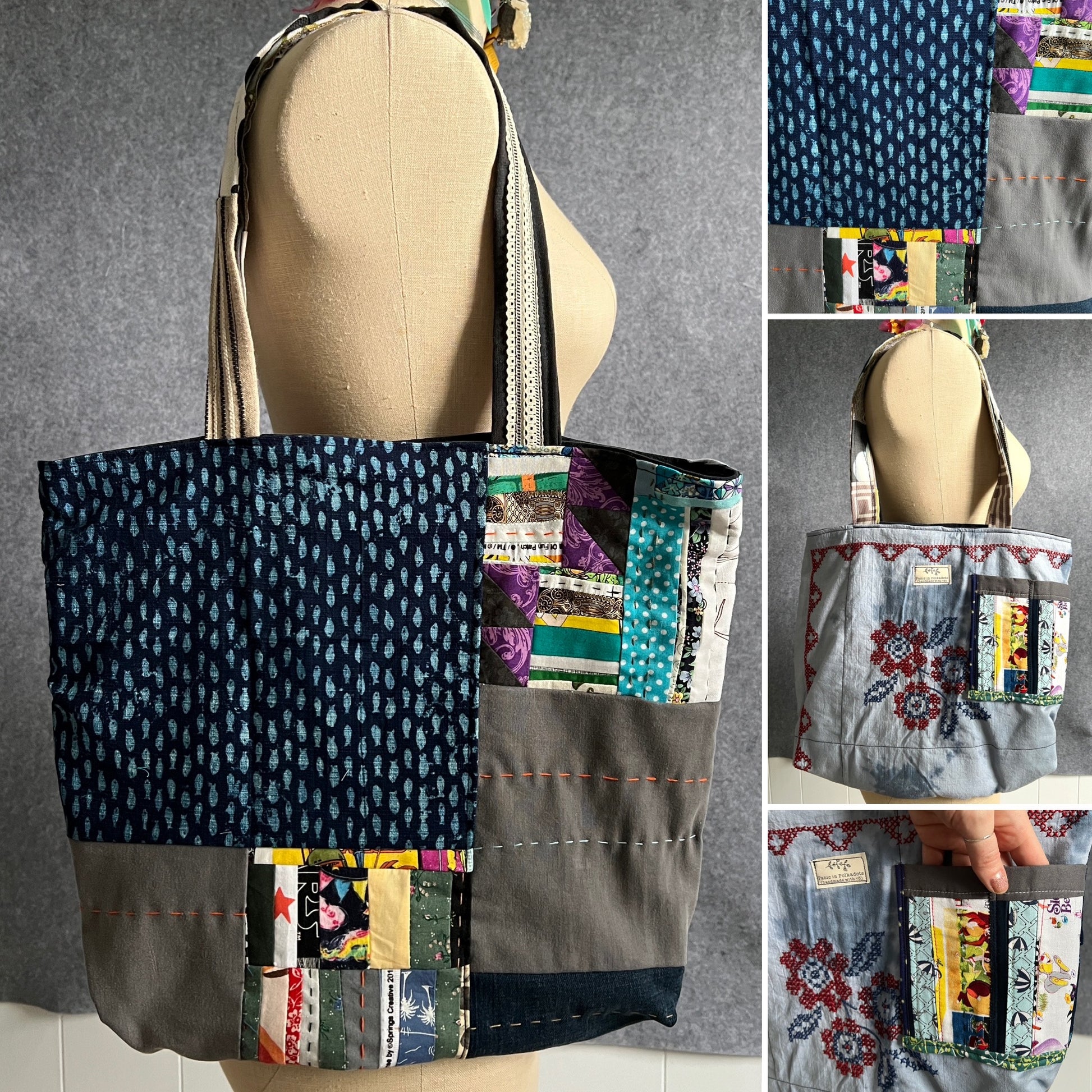 Tote bag, made from scraps, showing front, back, and pocket detail, denim fishes