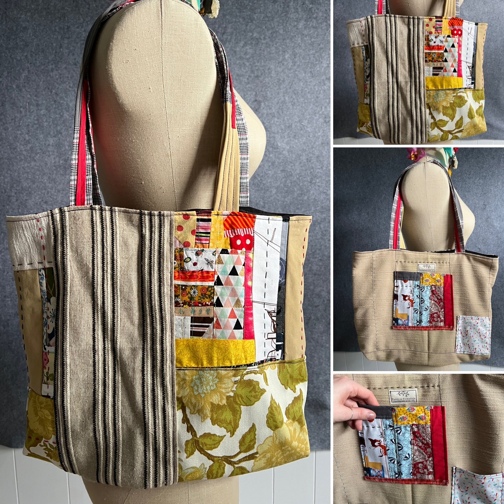 Tote bag, made from scraps, showing front, back, and pocket detail, khaki bright floral