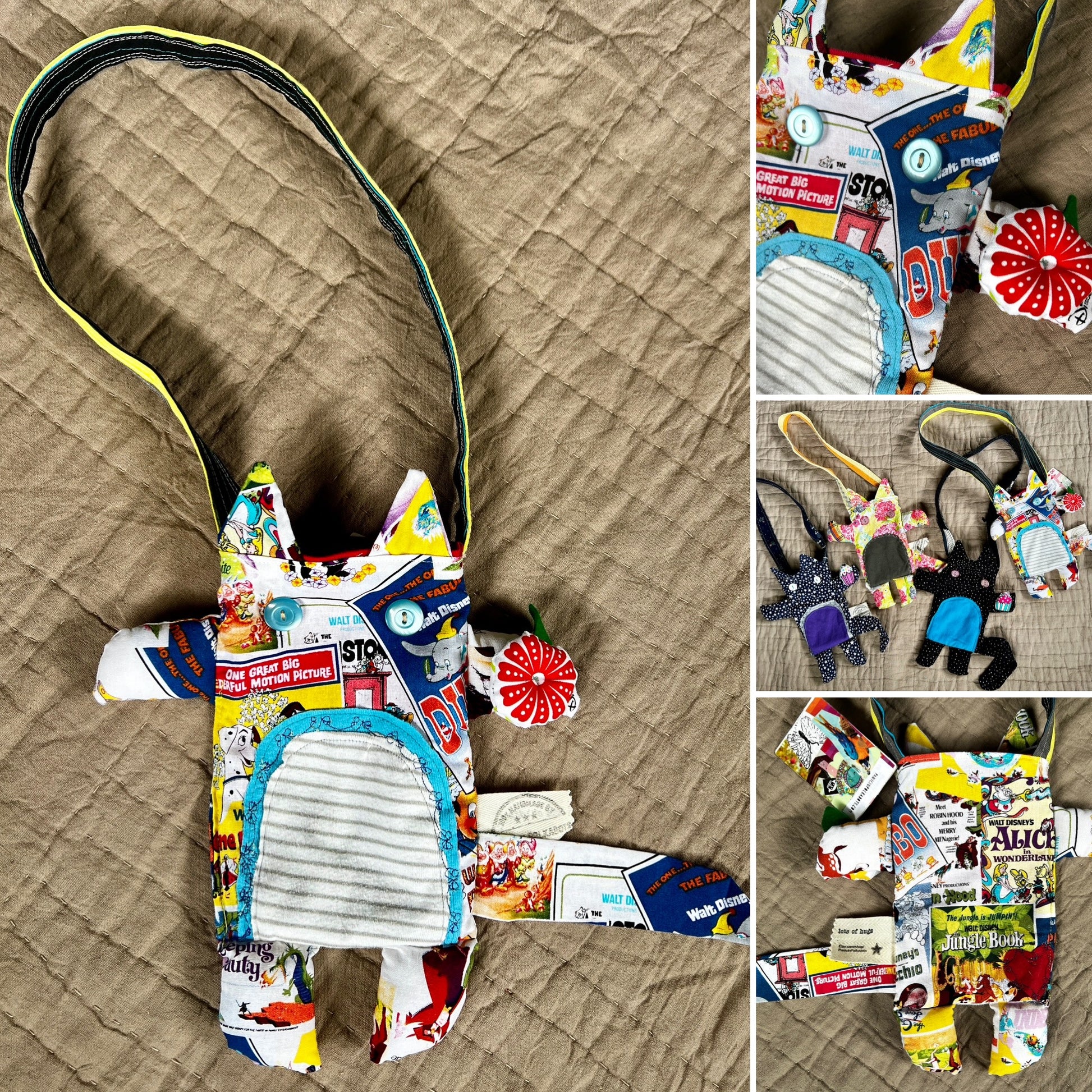 Tote bag kitty friend photo grid, showing front, back, closeup, and group photo