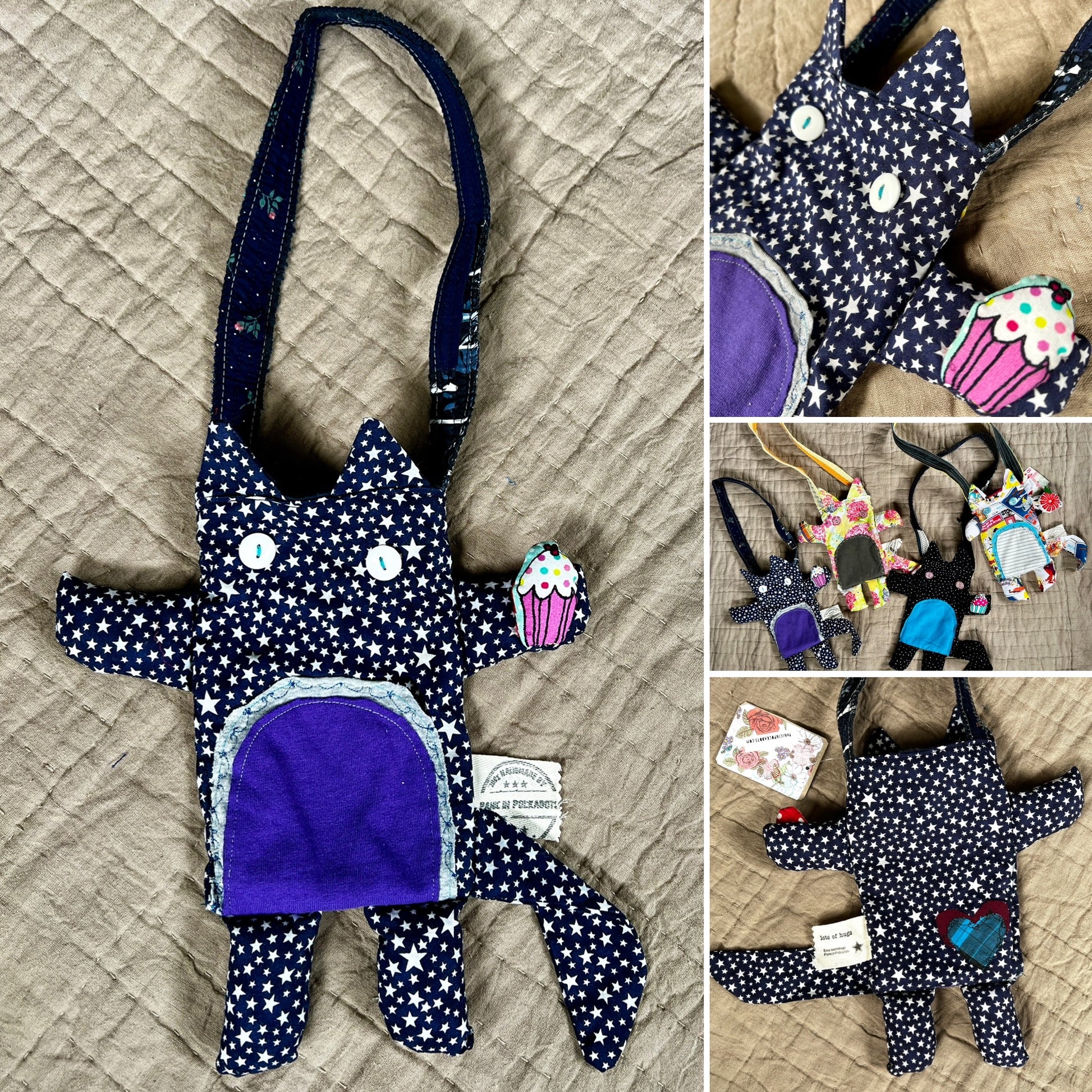 Tote bag kitty friend photo grid, showing front, back, closeup, and group photo