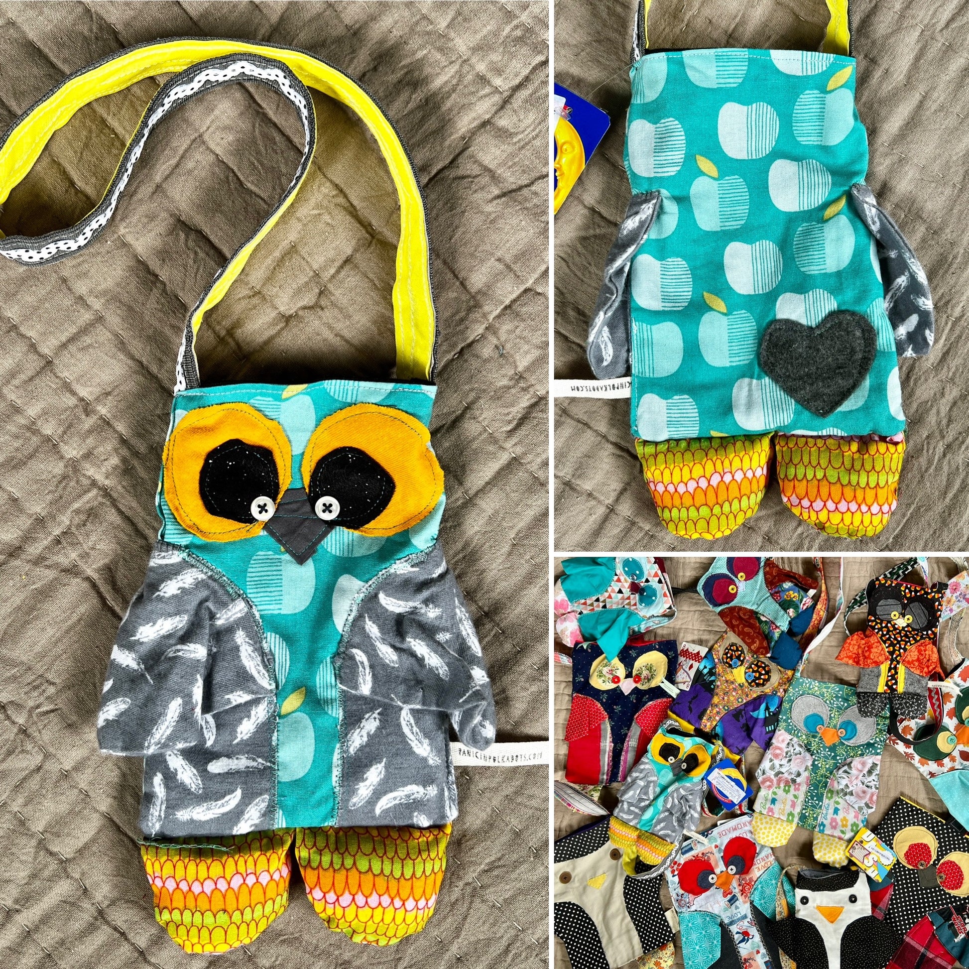 Tote bag owl friend photo grid, showing front, back, and group photo