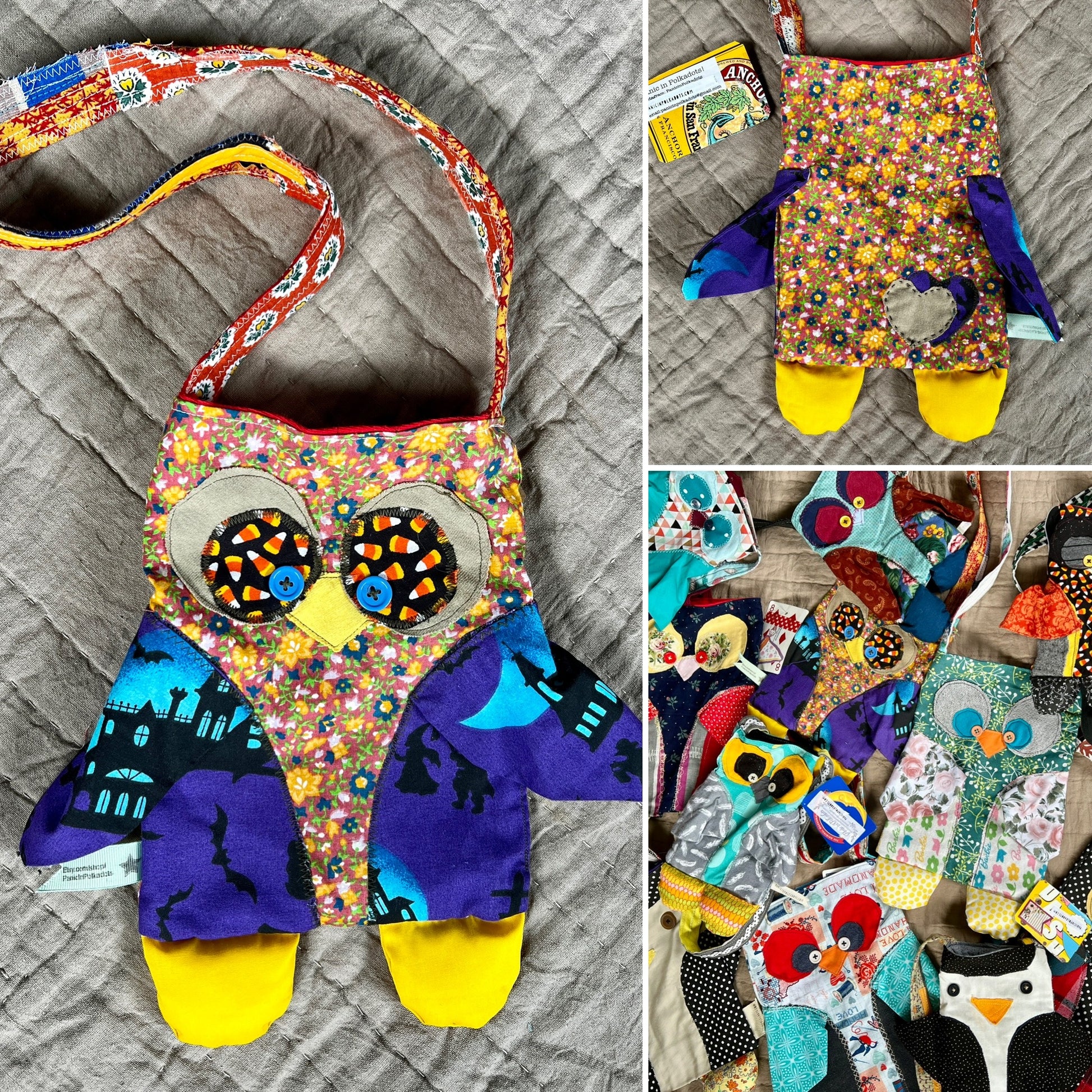 Tote bag owl friend photo grid, showing front, back, and group photo