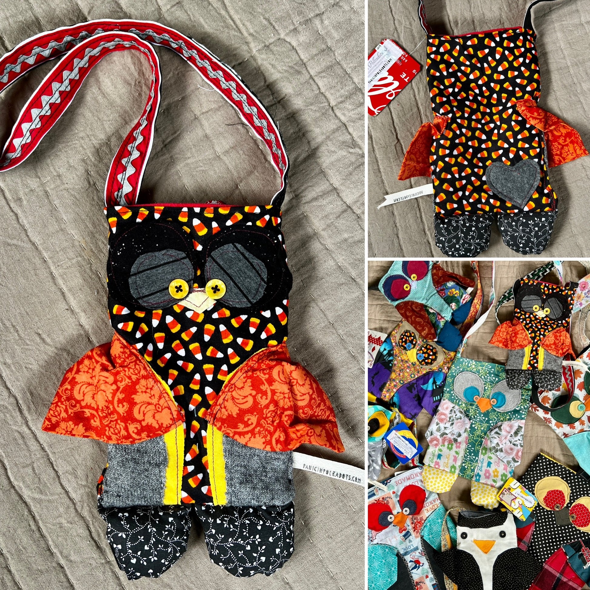 Tote bag owl friend photo grid, showing front, back, and group photo