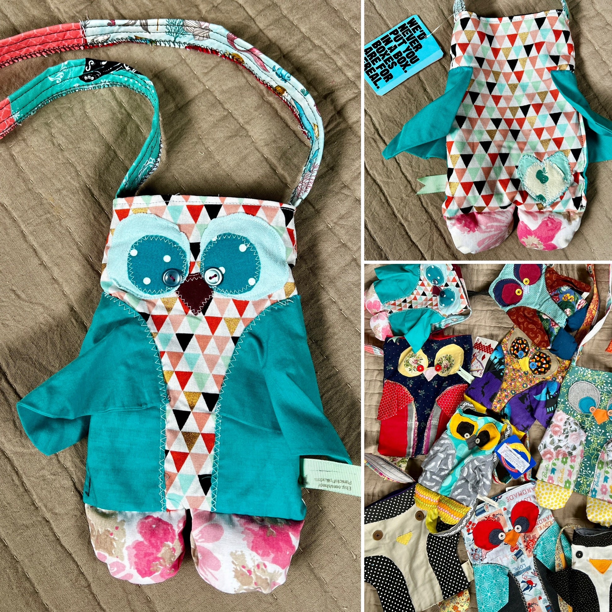 Tote bag owl friend photo grid, showing front, back, and group photo
