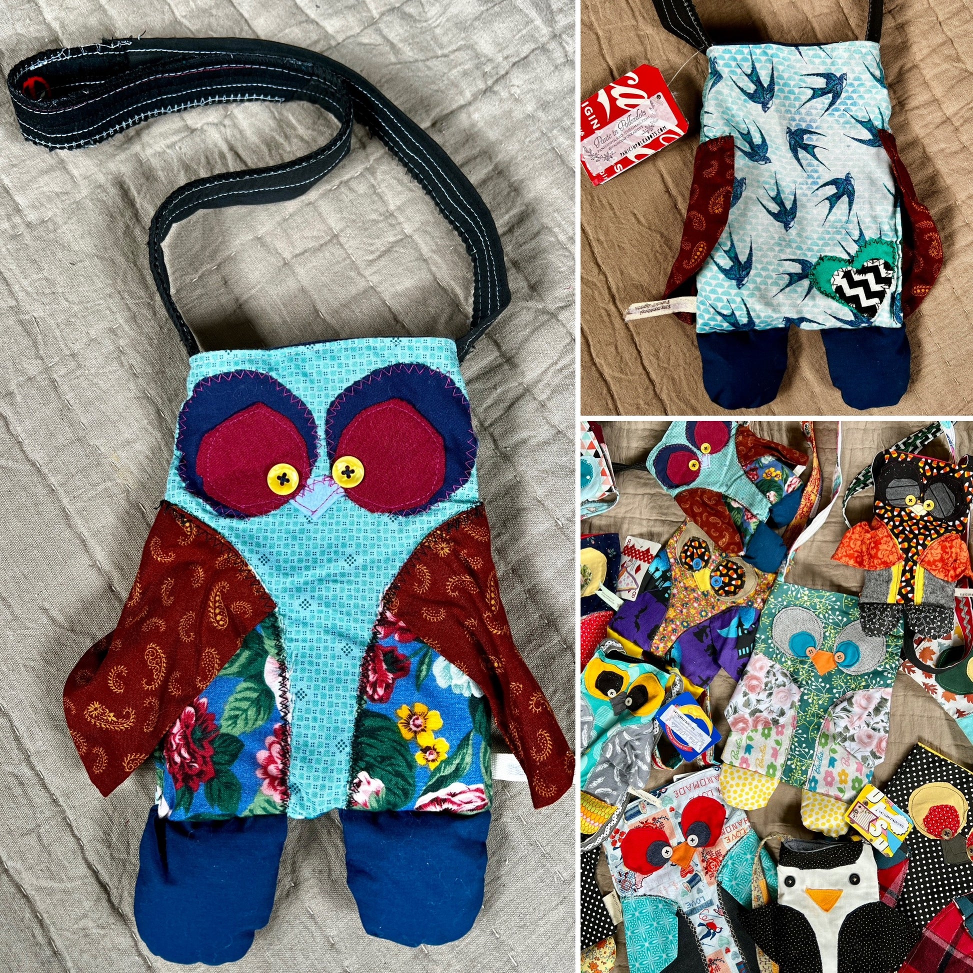 Tote bag owl friend photo grid, showing front, back, and group photo