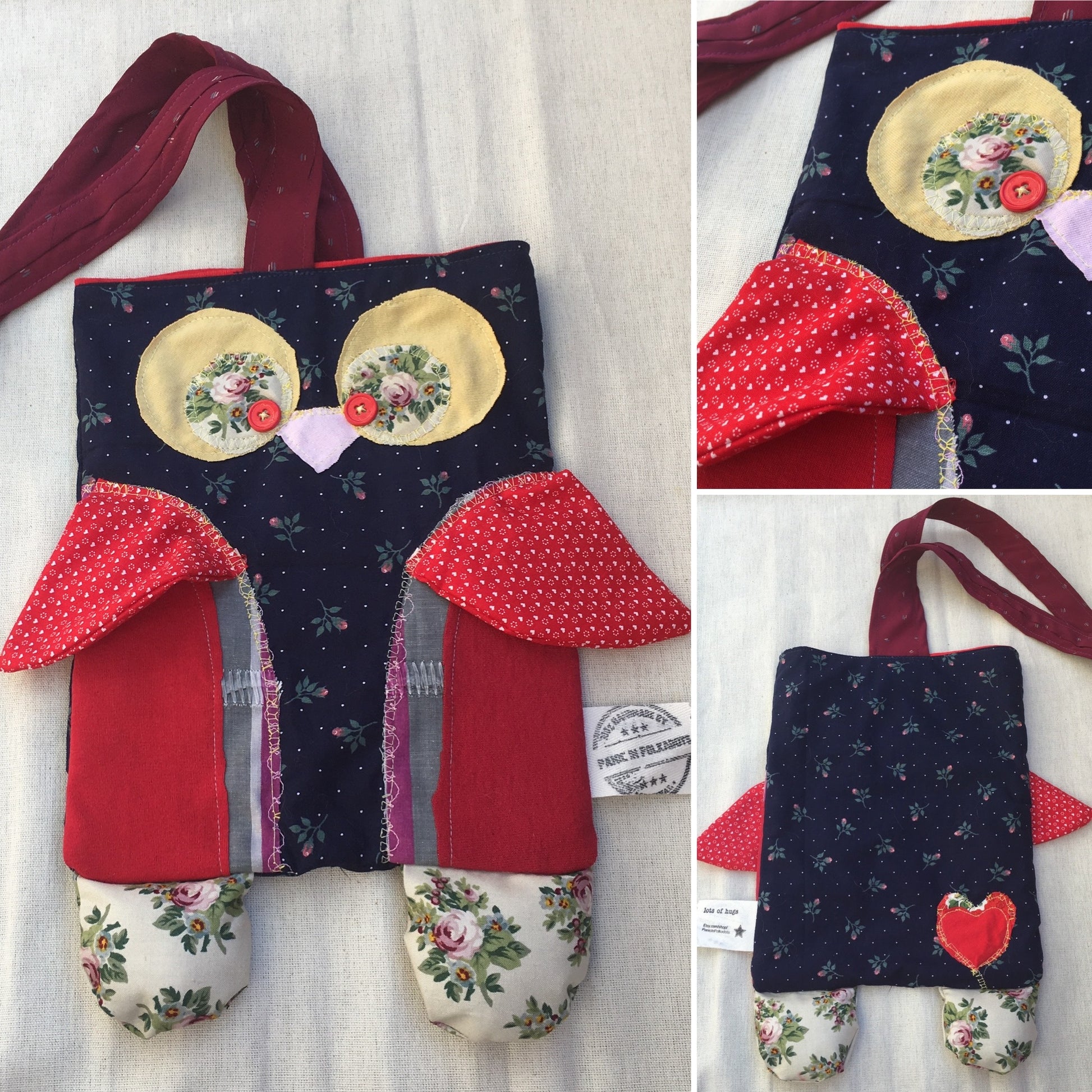 Tote bag owl friend photo grid, showing front, back, closeup