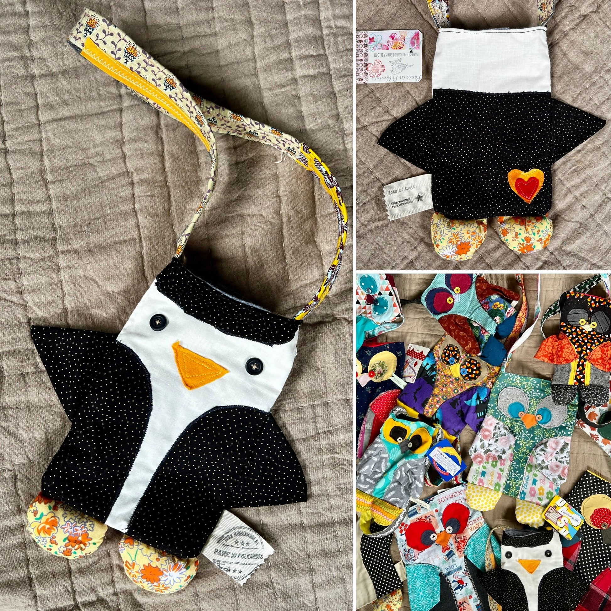 Tote bag penguin friend photo grid, showing front, back, and group photo