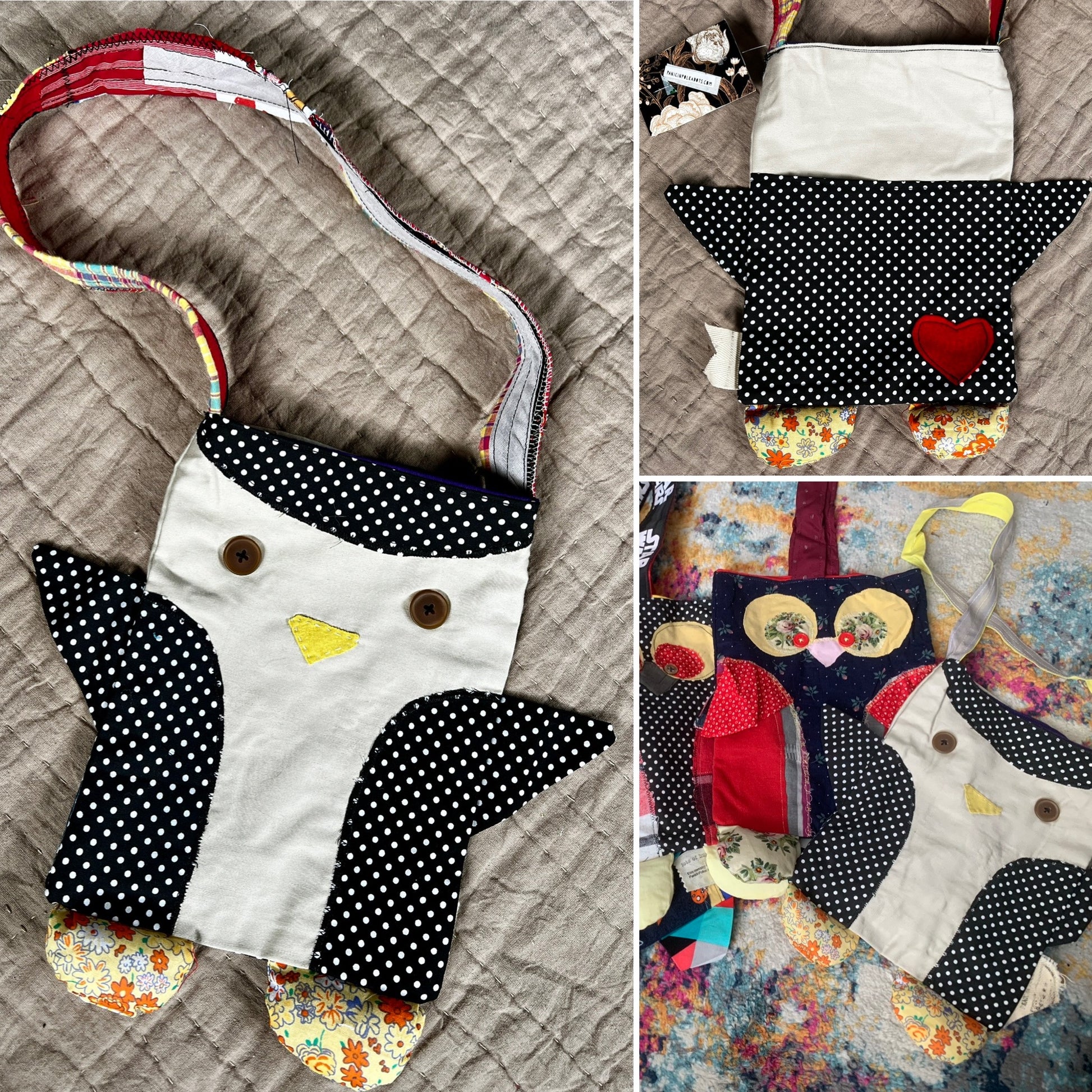 Tote bag penguin friend photo grid, showing front, back, and group photo