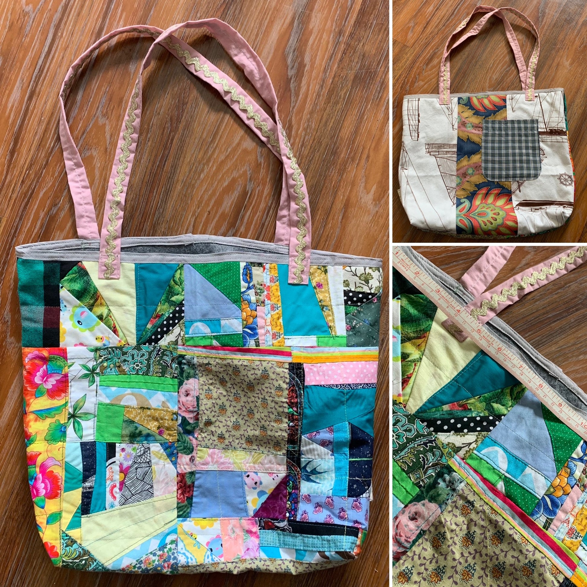 Tote bag, made from scraps, showing front, back, and detail