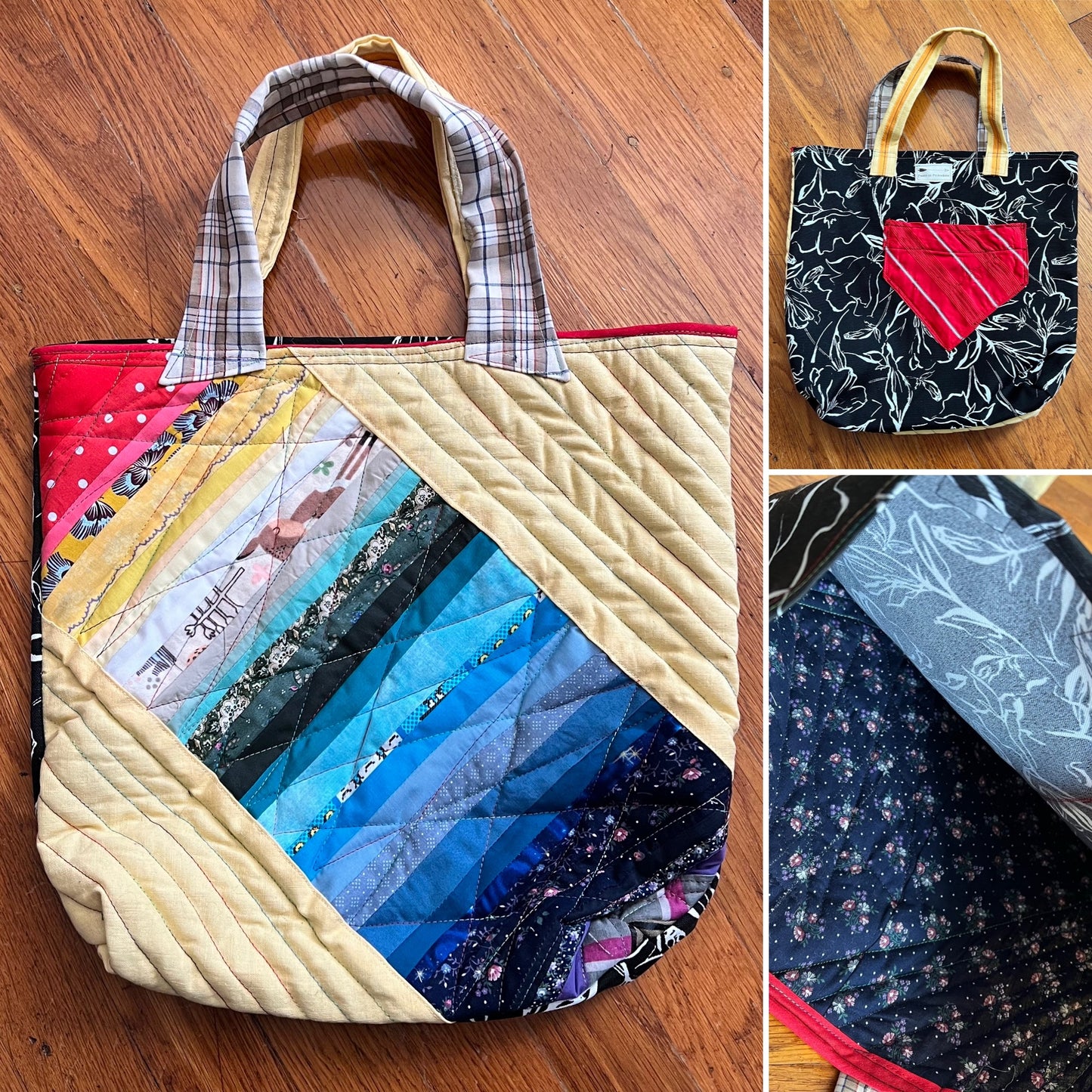 aerial view of diagonal rainbow quilted tote bag against a wood background