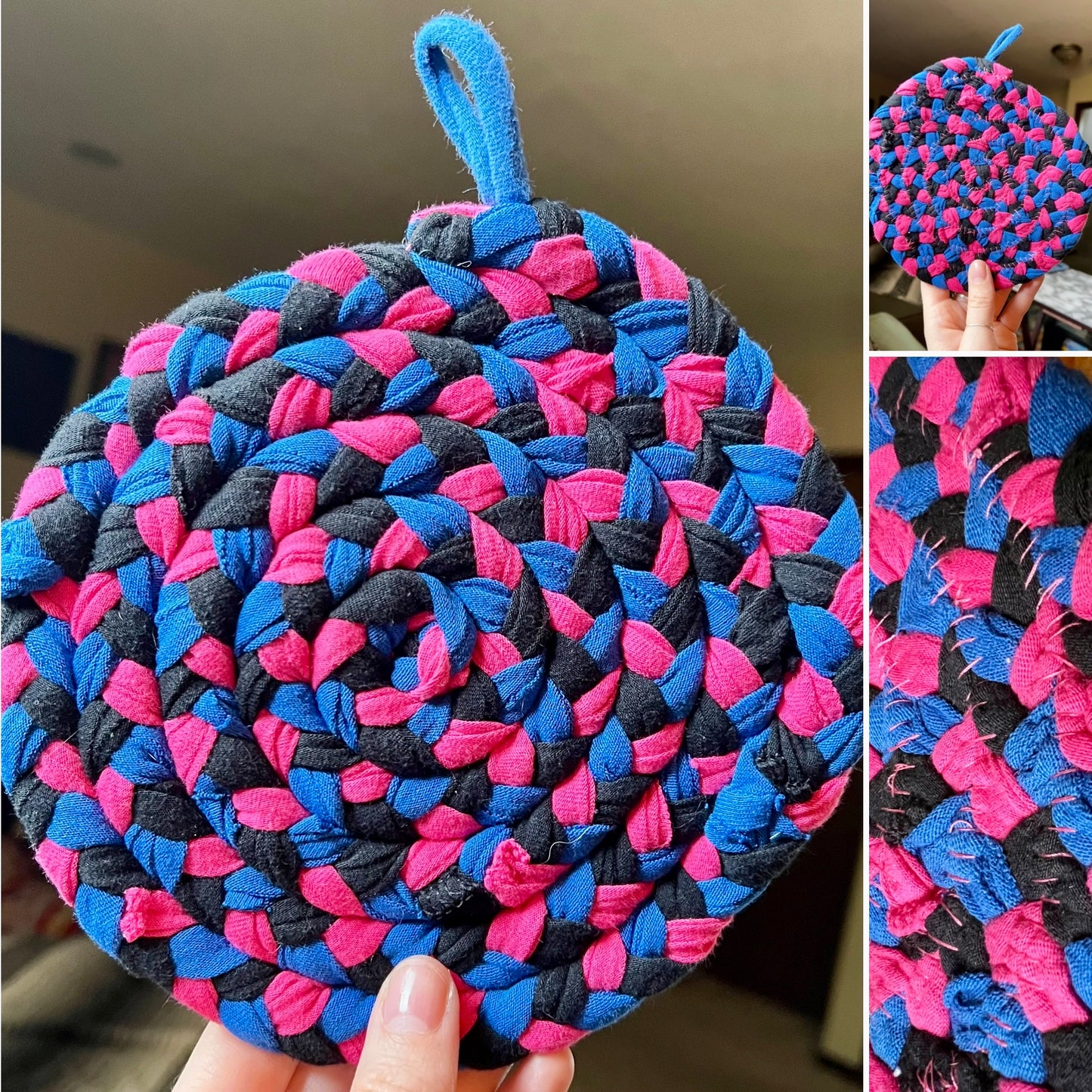 A braided round potholder with a blue loop handle, shown in a three-panel collage. The main panel shows the potholder being held, with two smaller panels on the right showing close-ups of the braided texture and a top-down view.