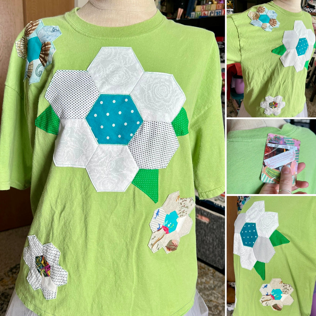 Green shirt with floral and geometric patch designs on a mannequin.