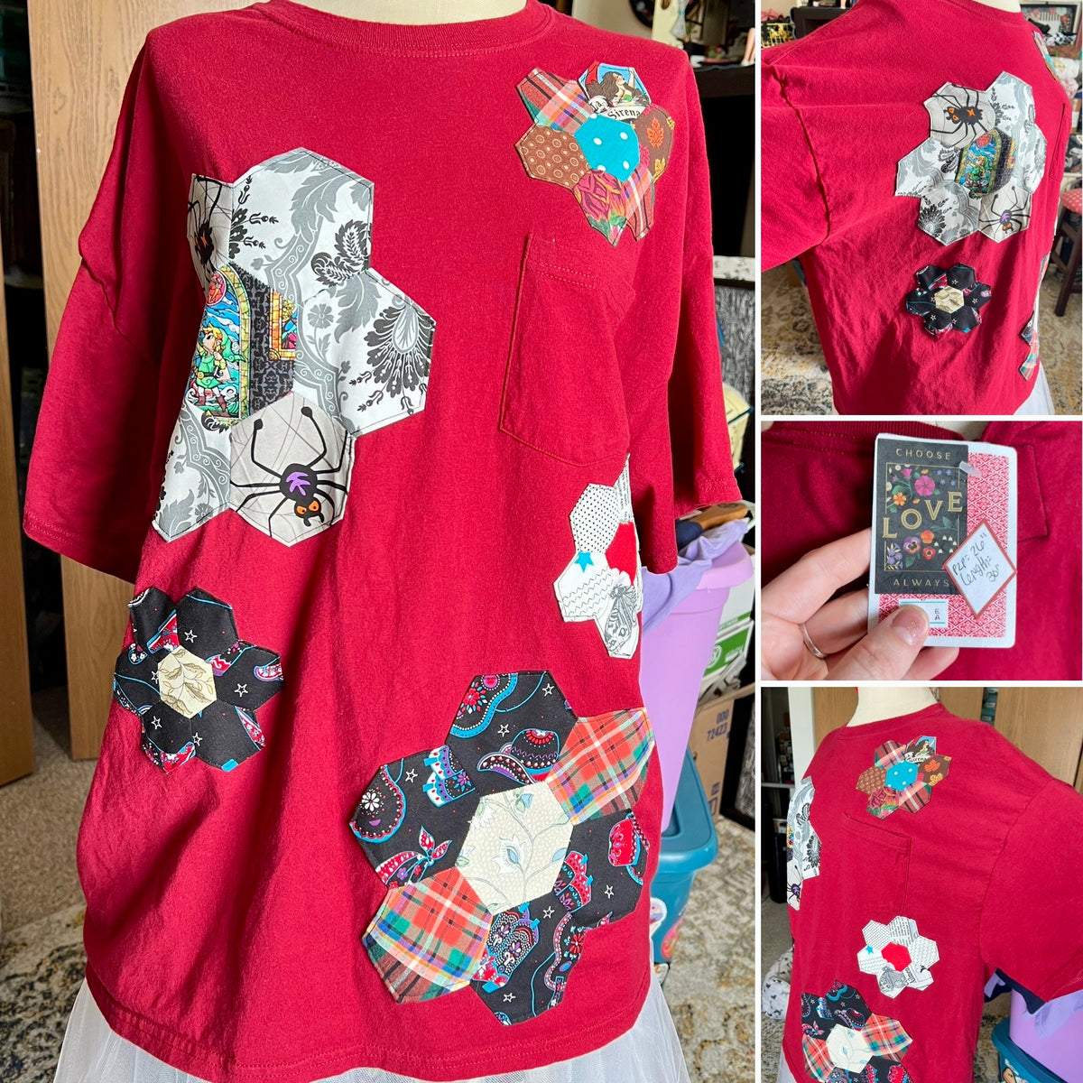 Red shirt with hexie flower patchwork design on a mannequin. Tag with measurements held in hand. 