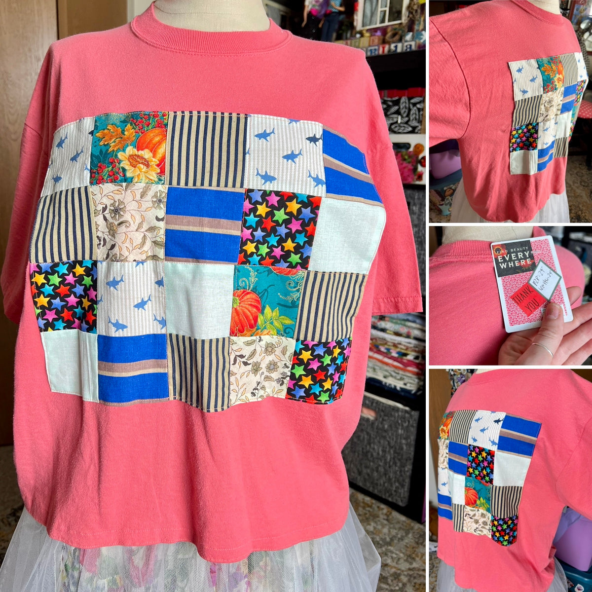 Pink sweatshirt with colorful patchwork pattern on a mannequin, surrounded by close-up shots.