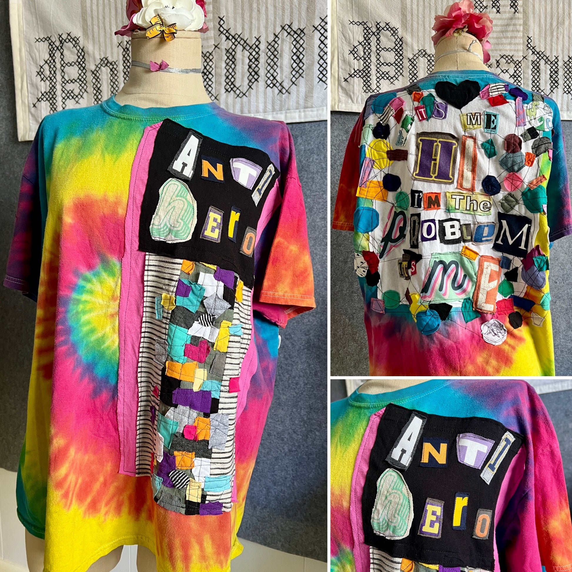 Tshirt with ransom note design, in a photo grid showing front and side angles