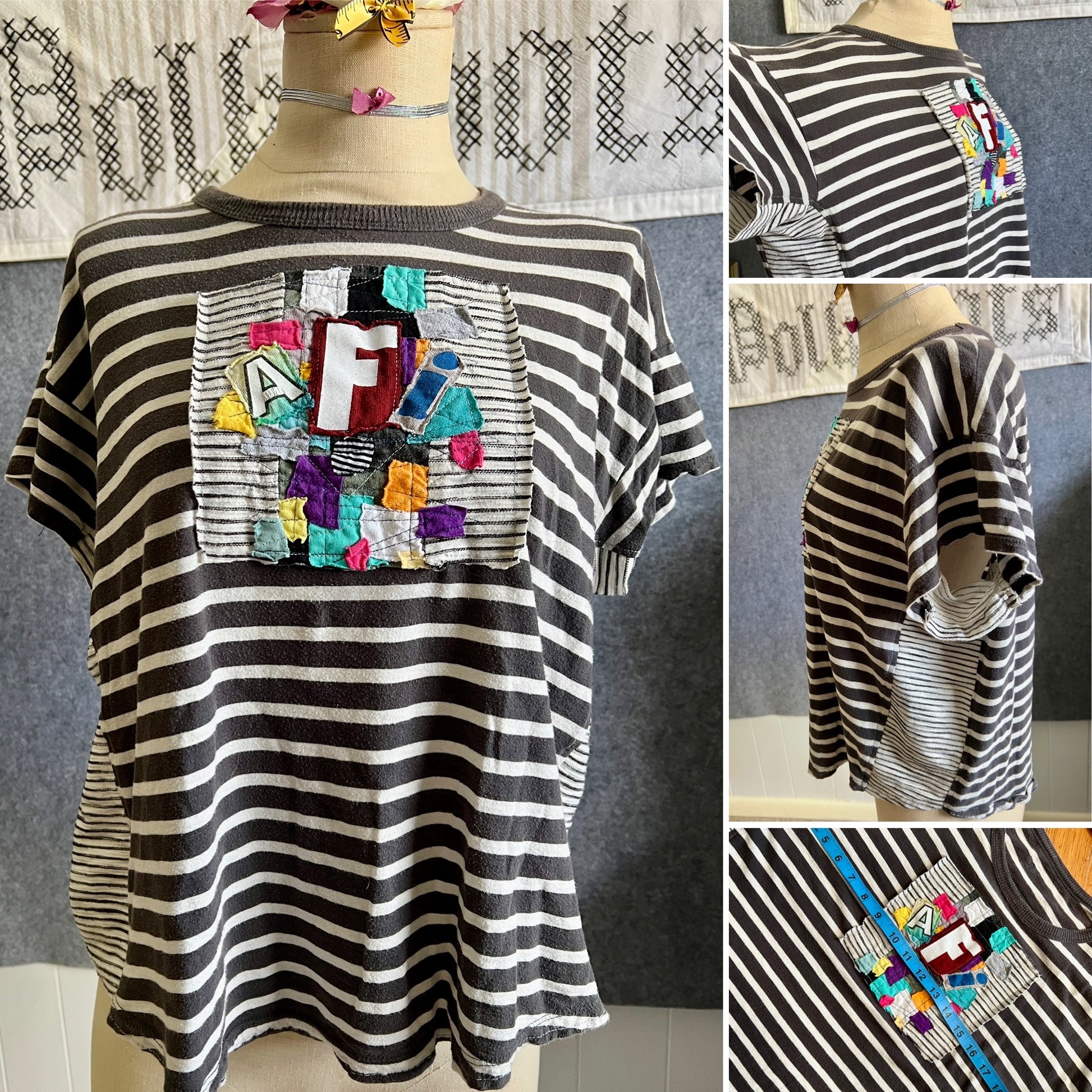 Tshirt with ransom note design, in a photo grid showing front and side angles