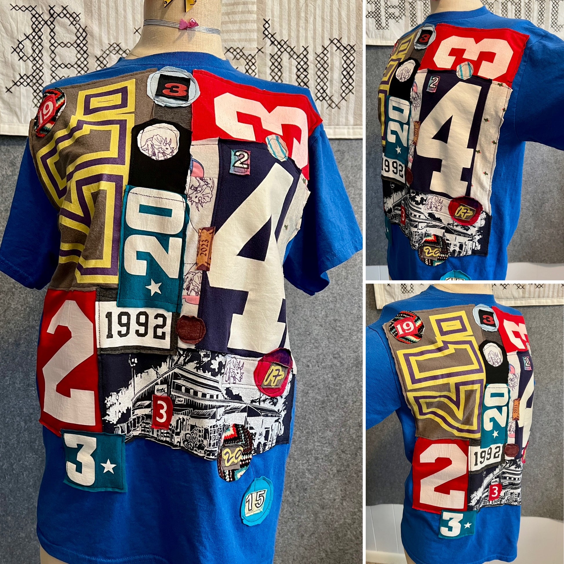 Tshirt with quilty designs, in a photo grid showing front and side angles 