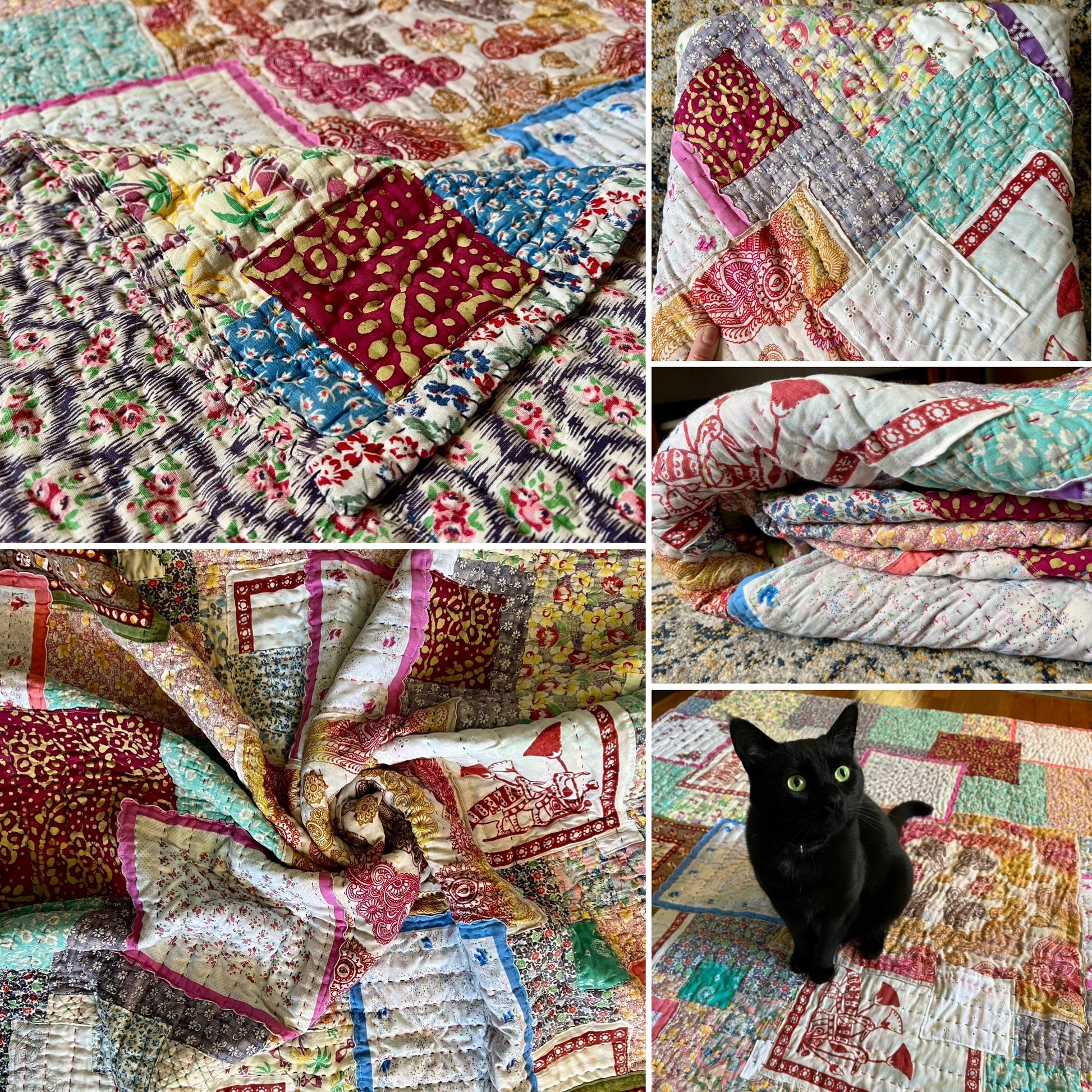 Vintage floral feedsack quilt, showing front, quilt swirl, cat on quilt, folded, etc