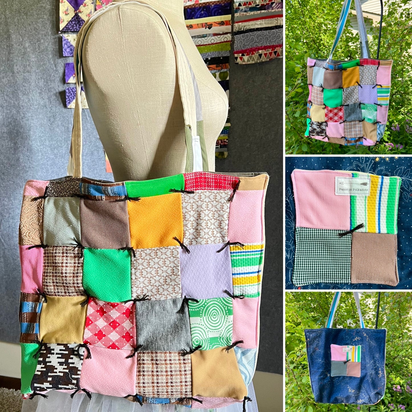 A collage showing a handmade patchwork tote bag from multiple angles. The main panel shows the bag hanging on a cream dress form against a gray wall, with the side panels showing outdoor and flat-lay views of the same bag in different colorful patchwork fabric combinations.