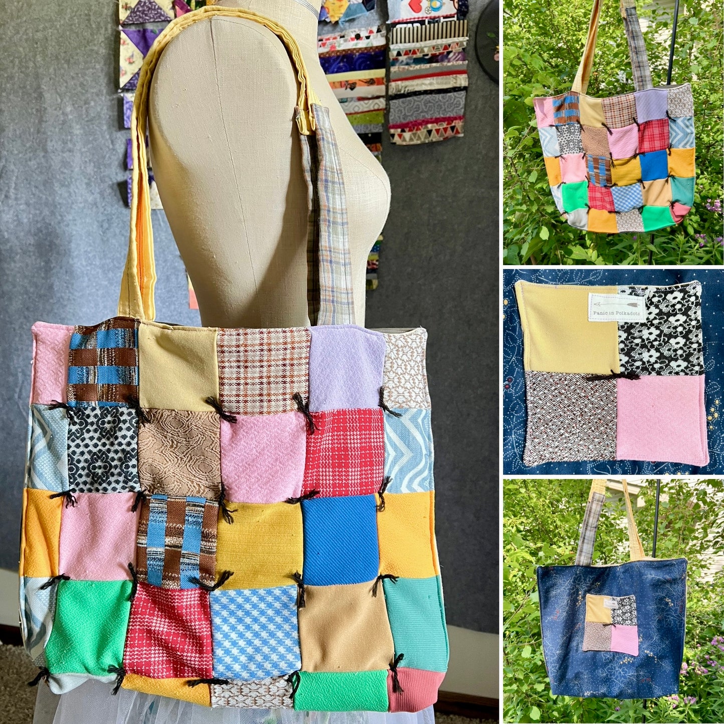 A patchwork fabric tote bag with a yellow shoulder strap, shown on a dress form and in outdoor settings. The bag features multiple square fabric panels in various colors and patterns, including plaid, gingham, floral, and solid designs.