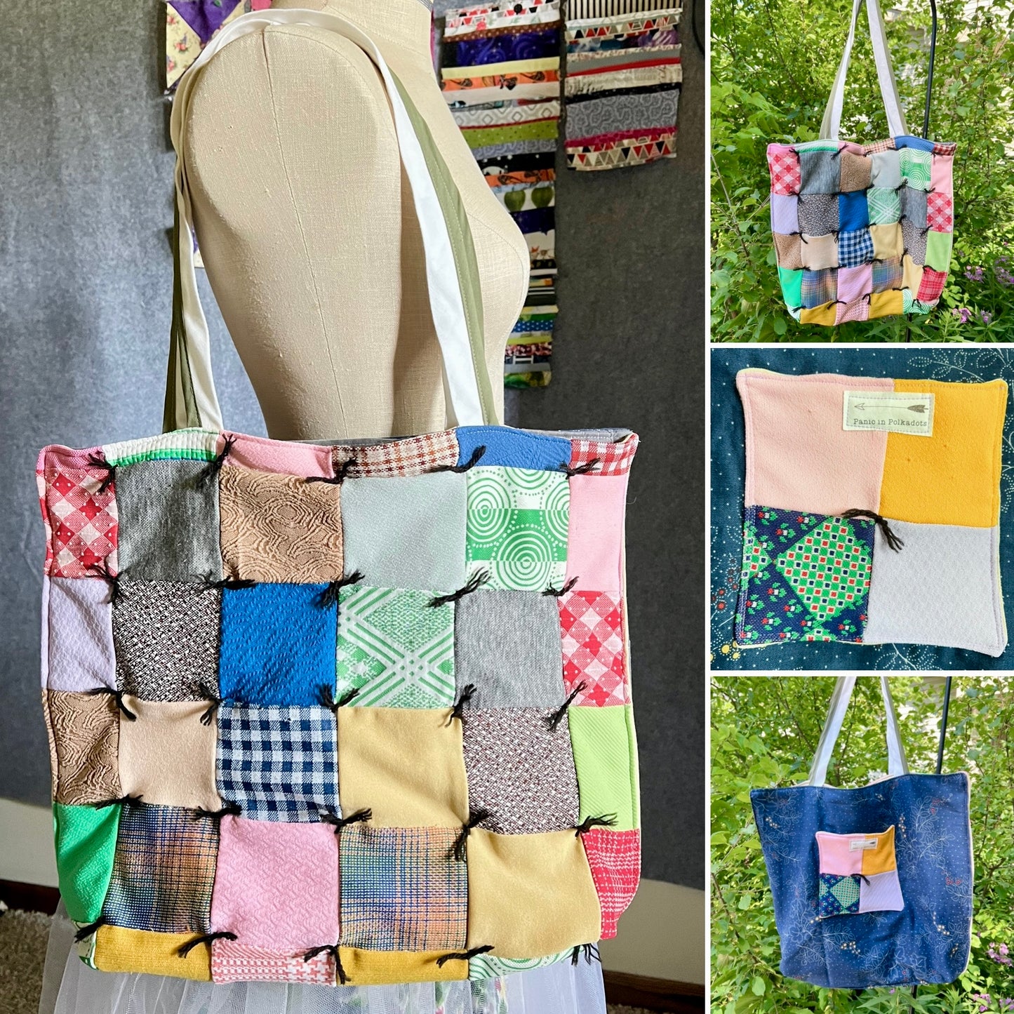 A collage showing a handmade patchwork tote bag worn on a dress form, with three smaller outdoor views on the right. The bag has many square fabric patches in different colors and patterns, including plaid, gingham, floral, and solid tones, with black drawstring ties.