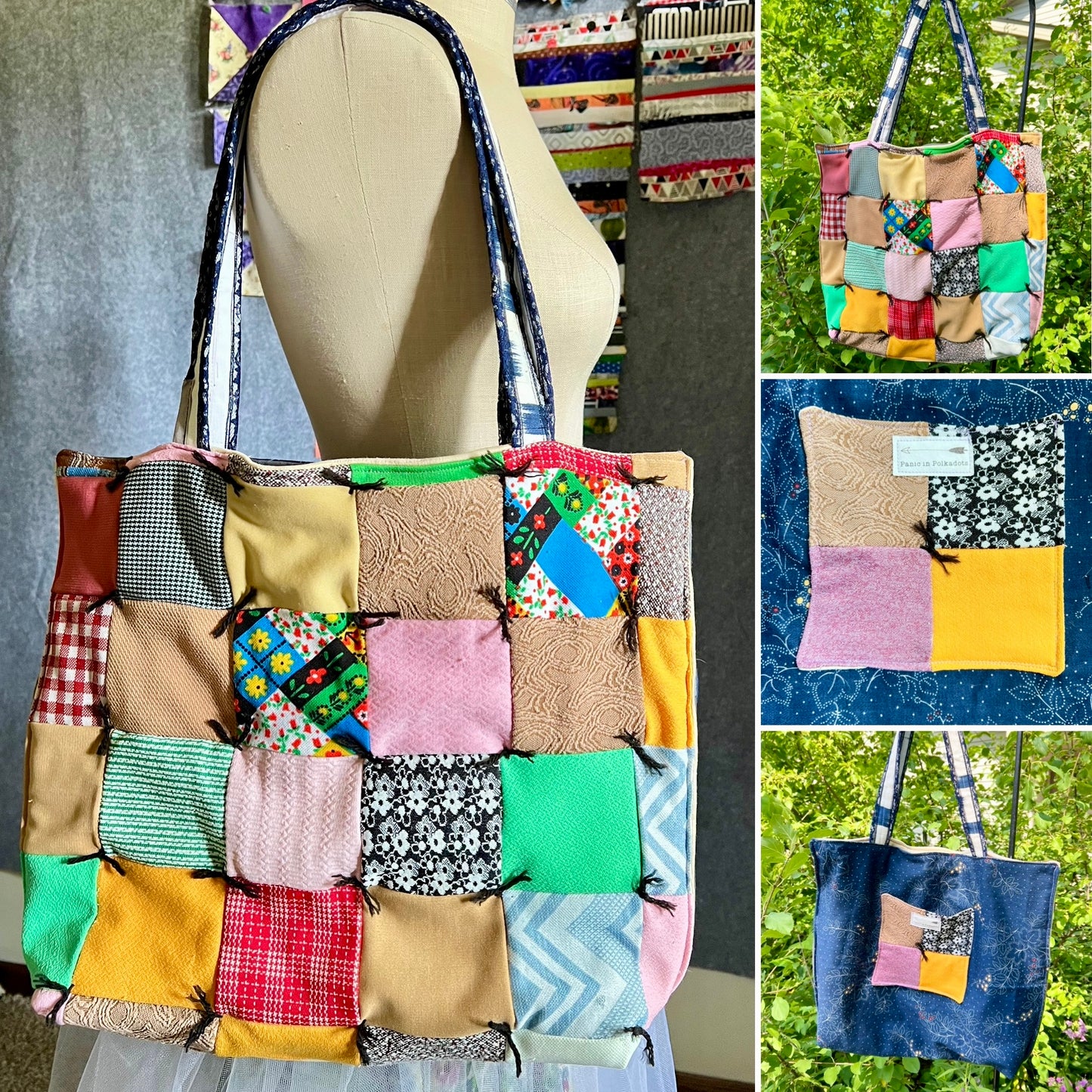 A collage showing a handmade patchwork tote bag. The main panel shows the bag hanging on a dress form mannequin indoors, with a gray wall and fabric rack in the background.
