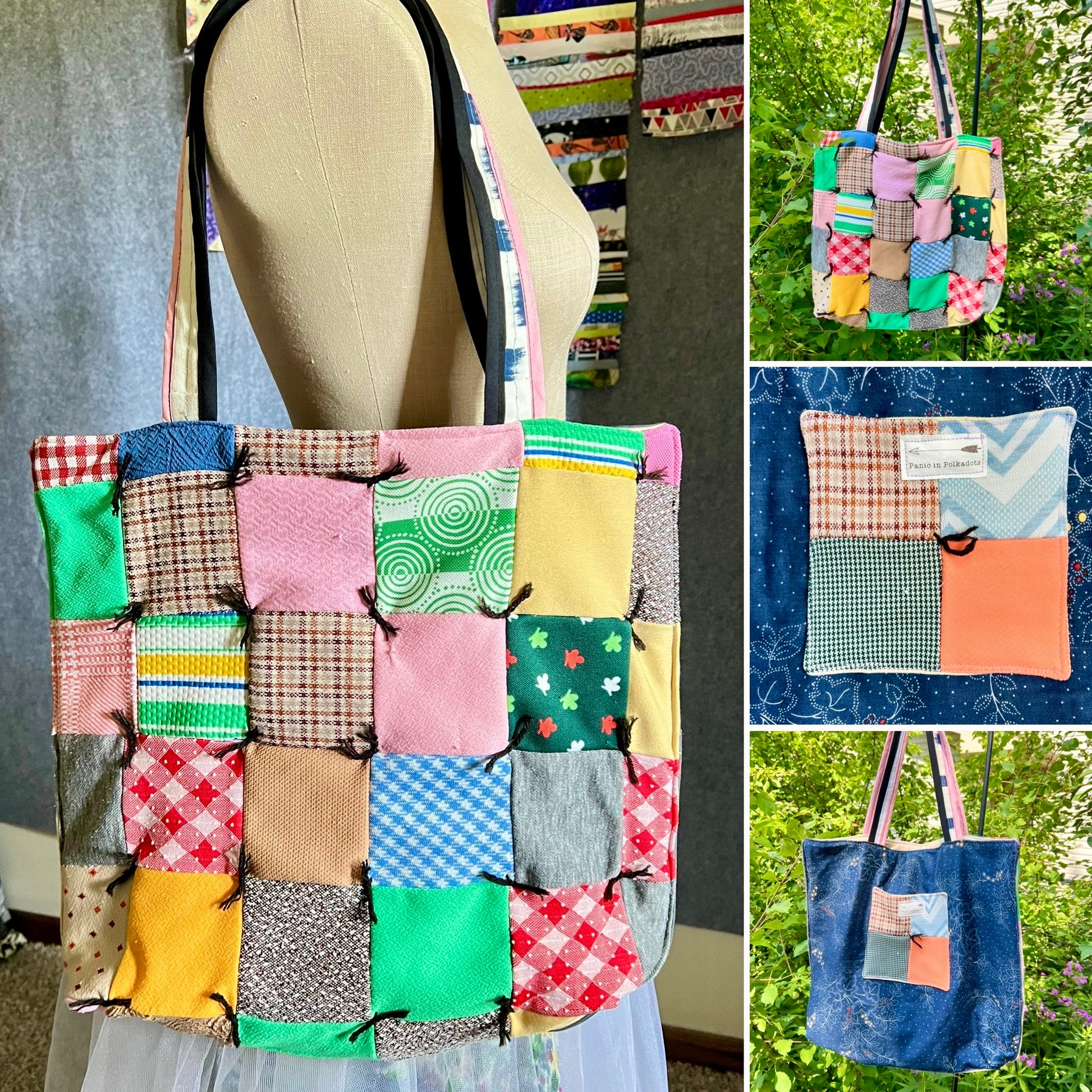 A patchwork fabric tote bag shown on a dress form, with three smaller inset views showing the bag outdoors and from the back. The bag has many colorful stitched square panels in different patterns and is shown in multiple color variations.