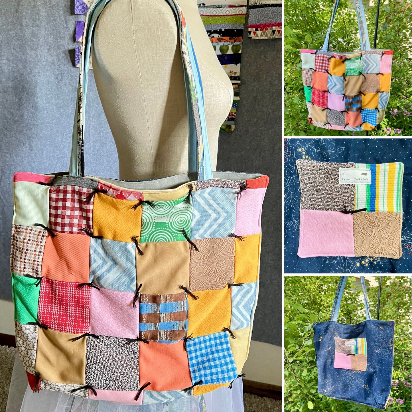 A collage showing a handmade patchwork tote bag. The main panel shows the bag on a dress form mannequin indoors, with two smaller panels on the right showing the bag outdoors on grass and a close-up of the patchwork front.